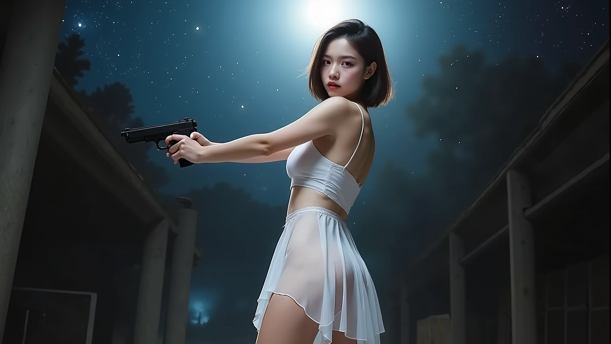 (((low angle view))), a naked 19-year-old woman in the mid-ground:0.4, under the beautiful starry sky, divine atmosphere, foggy, large-breast:1.2, (((((side boob))))), transparent:0.1 short:0.1 white shift dress, slim:0.6 body, cold face, slim face, (((aiming viewer with pistol))), (((G-string micro panty))). background portrait, darken background.