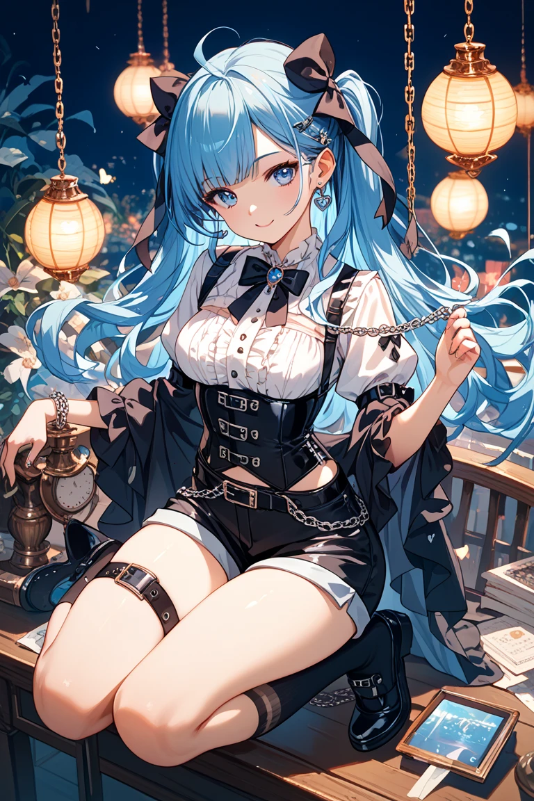masterpiece, high quality, illustration, extremely detailed, sitting, sitting in armchair, 1_women, (full body), (bright blue hair), long length hair, cute bangs, ponytail, (exotic skin_complexion:1.4),mature, tall, legs crossed, (holding teacup), (looking at the viewer), (smirking), beautiful, exotic, elegant, slim, (((sailor collar))), sleeveless, black thigh highs, choker, medium bust, (brown steampunk corset), black Lolita style skirt, knee high brown boots with laces, black elegant elbow gloves, diamond shaped eyes, (((purple eyes))), dark_eyeliner, long_eyelashes), natural dynamic lighting, smiling, raised eyebrow, inside rustic cabin, window, night sky, stars,