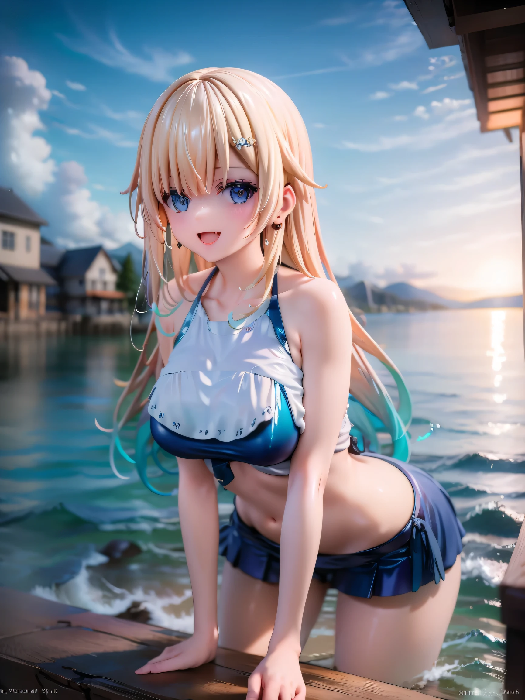 barbara_genshin, A young girl with small breasts, slender body, perky tits, (((small breasts))), detailed eyes, masterpiece, high details, best quality, HD, Nikon, realism, nsfw, smiling, blonde_hair, blue_eyes, bangs, long_hair, naughty pose, ((middlebreast：2.0)), (standing with her legs wide open)