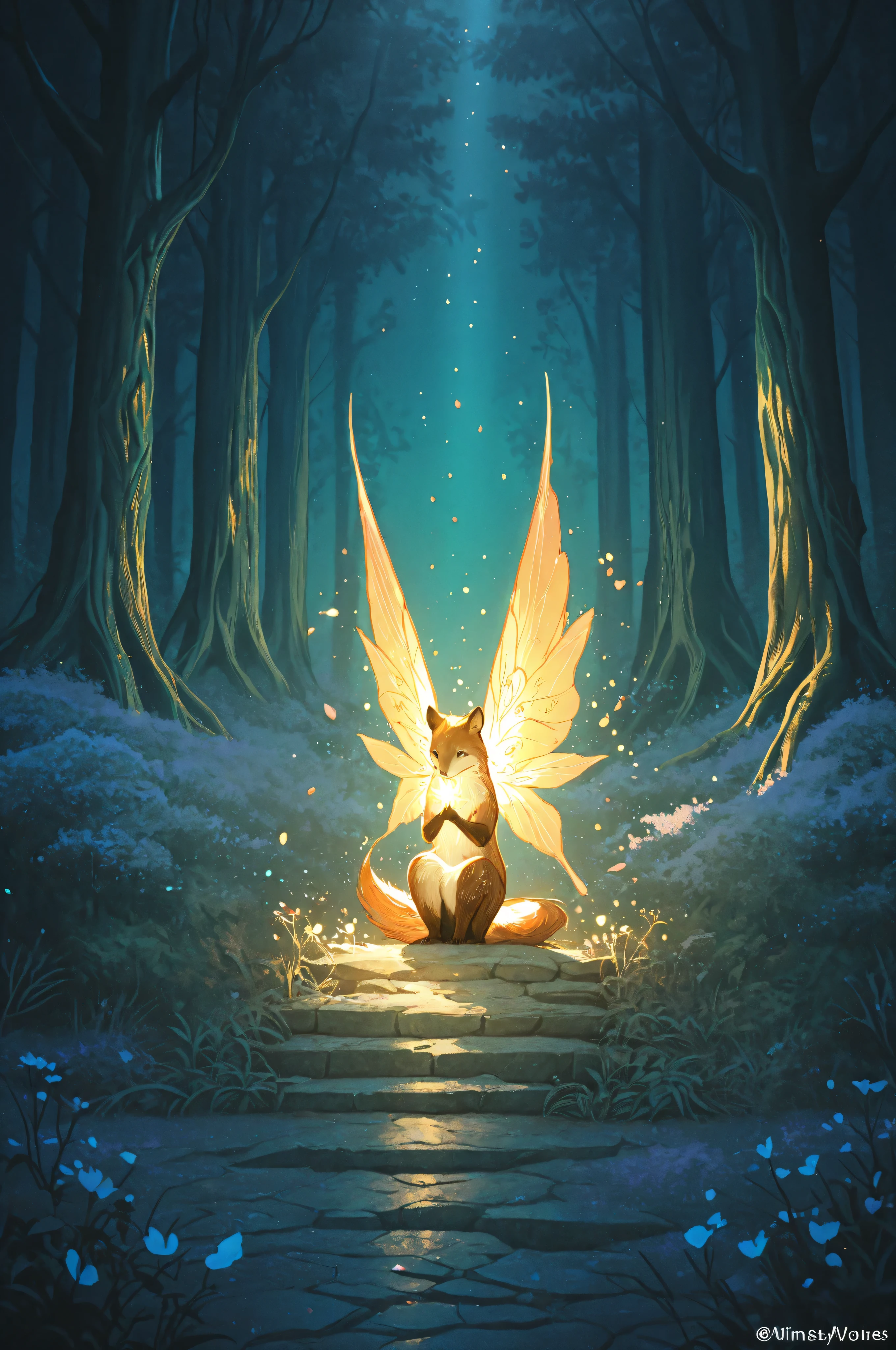 “A highly detailed fantasy forest landscape, deep enchanted woods with intricate vein patterns on every leaf, textured moss covering ancient trees, delicate flower petals with fine patterns blooming everywhere, hidden small animals like squirrels and birds peeking out, tiny fairies with glowing wings fluttering around, misty fog in the background with sparkling light particles and rays of sunlight filtering through the canopy, vibrant greens and blues as main colors with golden highlights for a magical glow, ultra-detailed illustration, high resolution, intricate details packed in every corner, beautiful and immersive artwork in the style of fantasy book illustrations.”