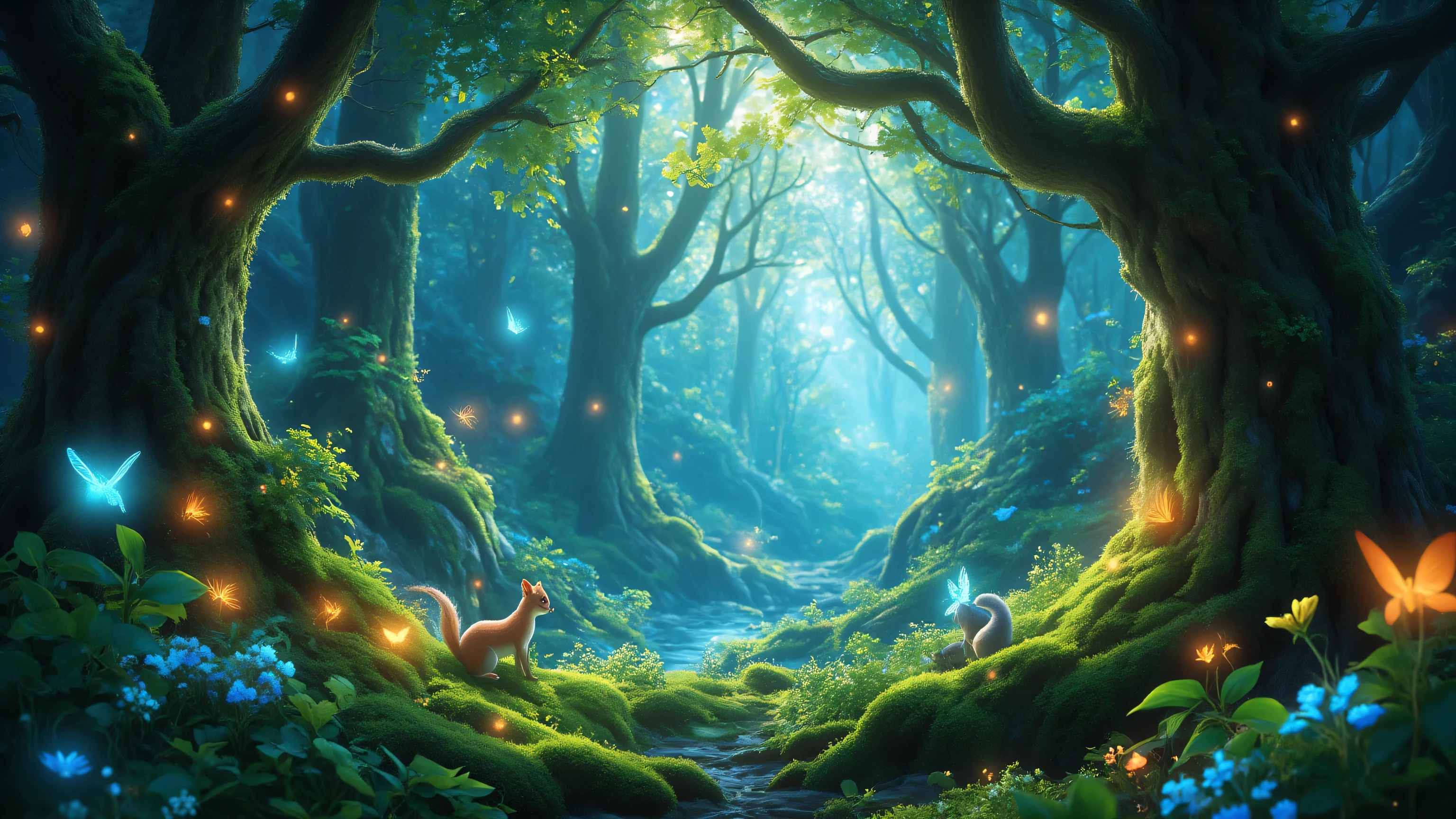 “A highly detailed fantasy forest landscape, deep enchanted woods with intricate vein patterns on every leaf, textured moss covering ancient trees, delicate flower petals with fine patterns blooming everywhere, hidden small animals like squirrels and birds peeking out, tiny fairies with glowing wings fluttering around, misty fog in the background with sparkling light particles and rays of sunlight filtering through the canopy, vibrant greens and blues as main colors with golden highlights for a magical glow, ultra-detailed illustration, high resolution, intricate details packed in every corner, beautiful and immersive artwork in the style of fantasy book illustrations.”