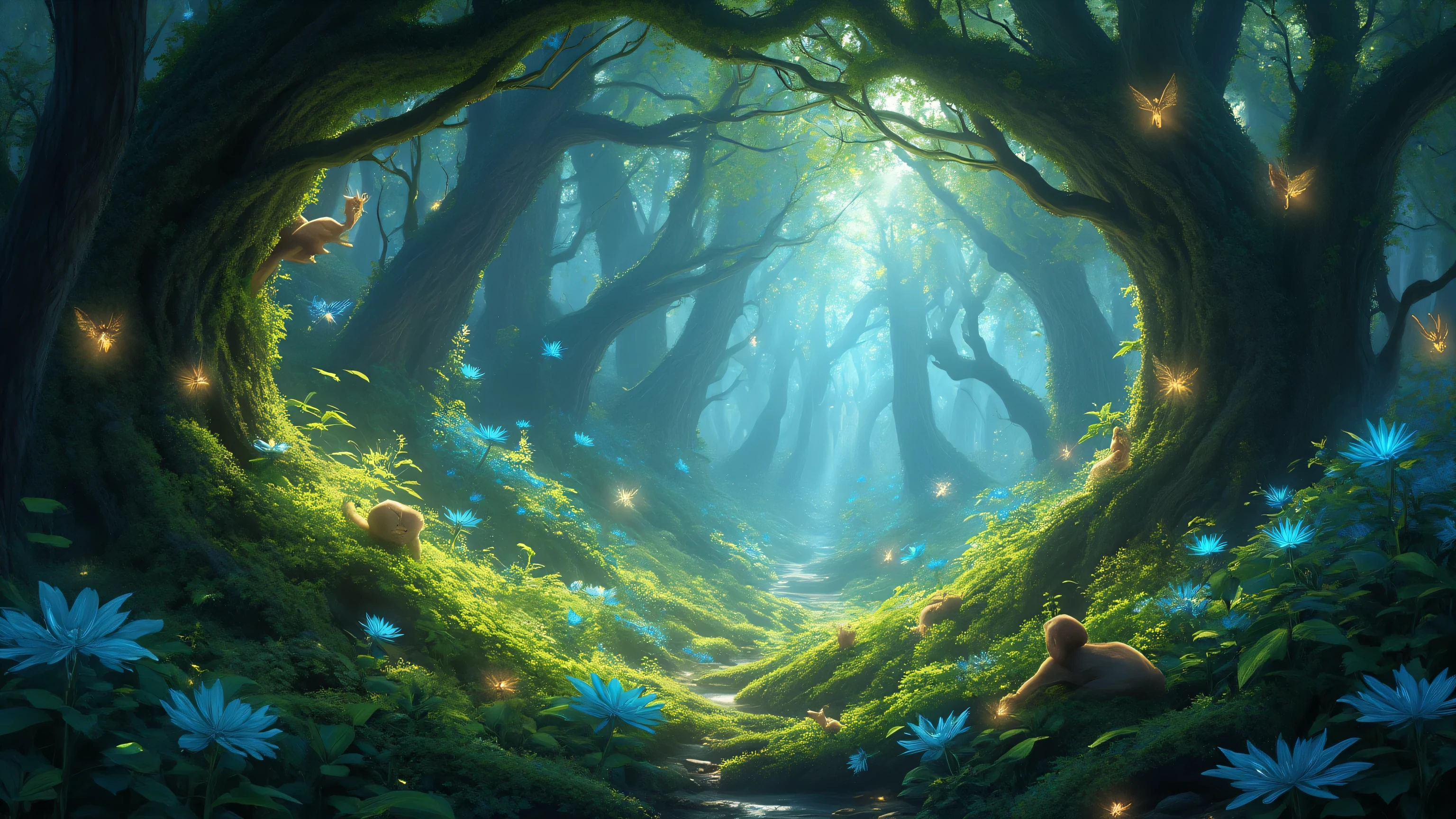 “A highly detailed fantasy forest landscape, deep enchanted woods with intricate vein patterns on every leaf, textured moss covering ancient trees, delicate flower petals with fine patterns blooming everywhere, hidden small animals like squirrels and birds peeking out, tiny fairies with glowing wings fluttering around, misty fog in the background with sparkling light particles and rays of sunlight filtering through the canopy, vibrant greens and blues as main colors with golden highlights for a magical glow, ultra-detailed illustration, high resolution, intricate details packed in every corner, beautiful and immersive artwork in the style of fantasy book illustrations.”