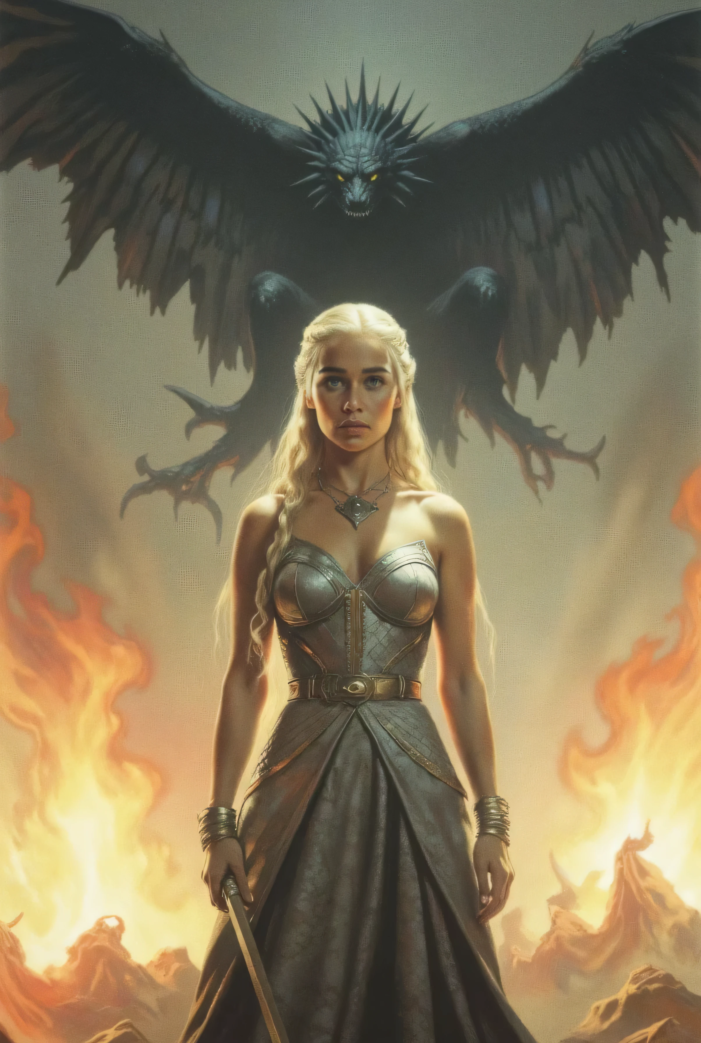 Game of Thrones-style photorealistic image. Create a high-resolution poster. Daenerys Targaryen standing look at the camera. Her gaze is serene but determined. Platinum blonde braids. Soft warm lighting bathes the scene, typical of torches in medieval castles. Summer night. She wears a a strapless pearly fantasy dress tied at the neck. A sexy V-neckline and an open cut that shows off her legs. The dress features a dragon-scale texture and gold details such as bracelets. Background neutral color, but burned in the corners. In the back the imponent Iron Throne