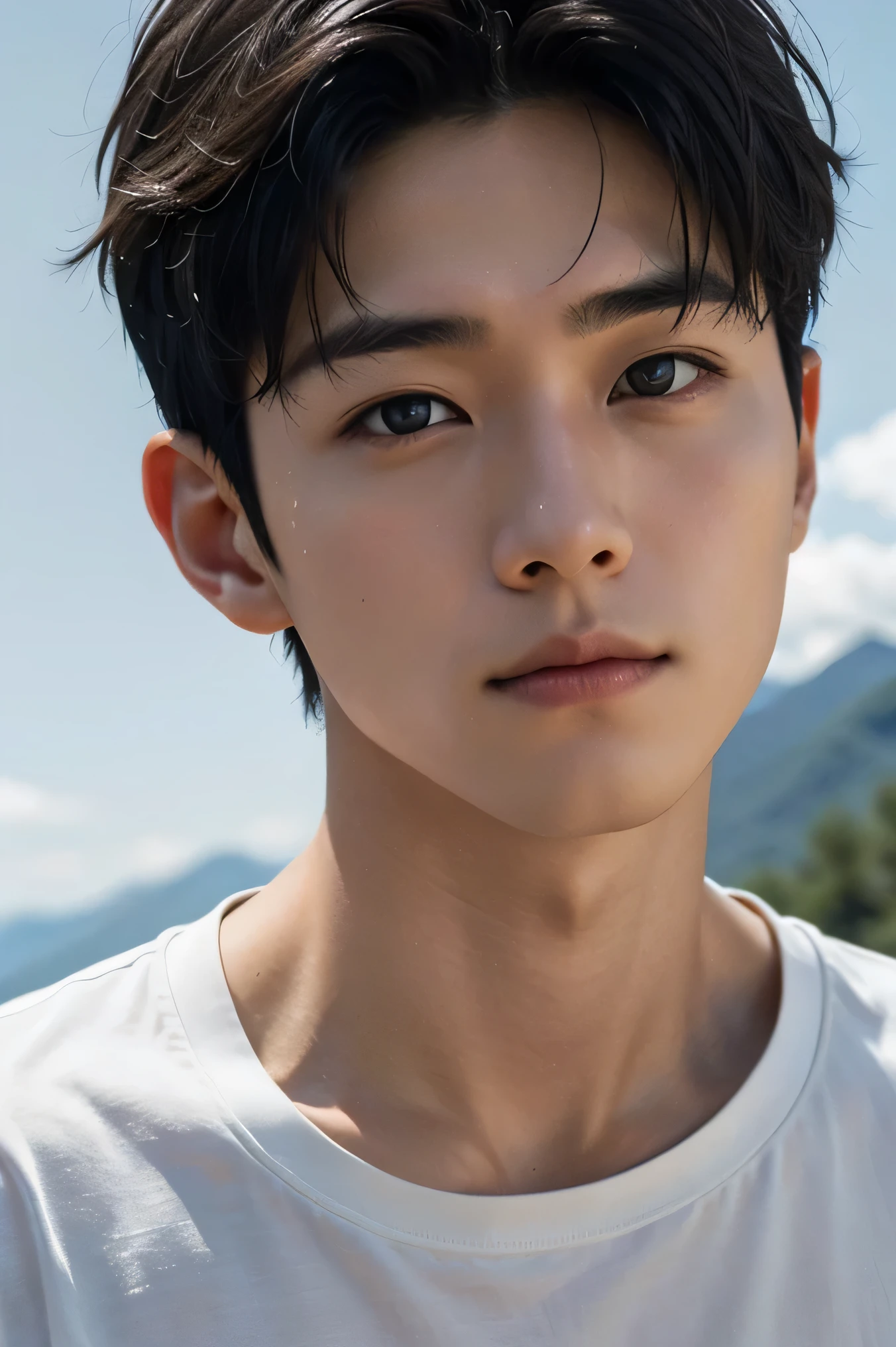 male Japanese handsome guys short hair dark haired tight white t-shirt composition zoomed on a face Only the face looks slightly upward and a sad expression eyes The gaze is directed far away summer resort Plateau Resort Beautiful sky and mountains in the background composition zoomed on a face Only the face