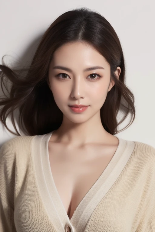 ((masterpiece: 1.4, highest quality))+,((highest quality)), ((masterpiece)), (detailed), whole body、wallpaper、Attention to detail、Perfect balance、Tight waist、Light brown hair、beautiful, Beautiful Skin、Fine skin、Russian Beauty、(masterpiece:1.3), SLR photography、Best image quality: 1.4, (Rough hairstyles:1.2)、Cleavage:1.4、Loose, lightweight knitwear、Shoulder