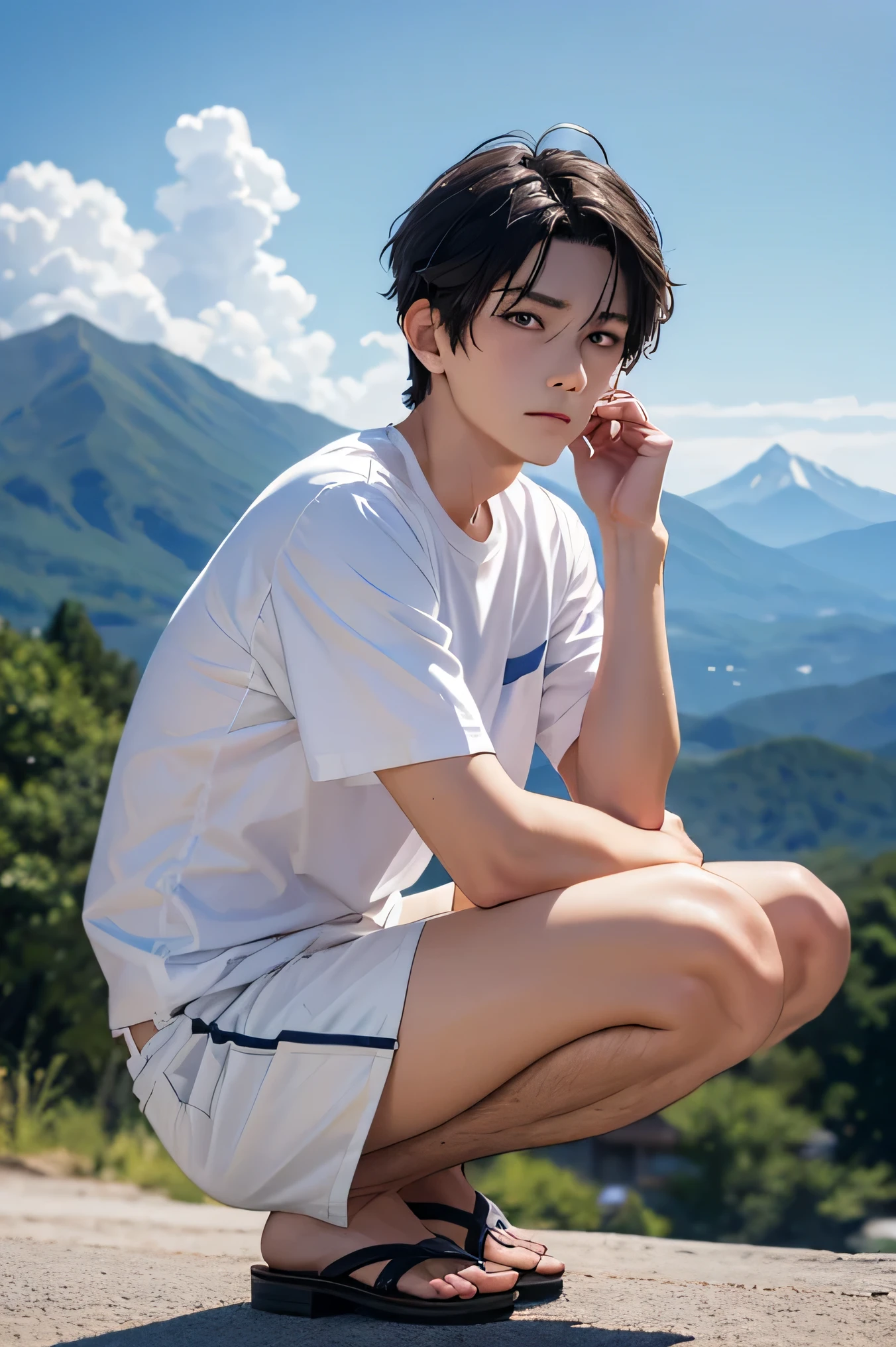 male Japanese handsome guys short hair dark haired whitetshirt White Shorts crouching face slightly upward and sad expression eyes The gaze is directed far away summer resort Plateau Resort the background is a beautiful sky and mountains