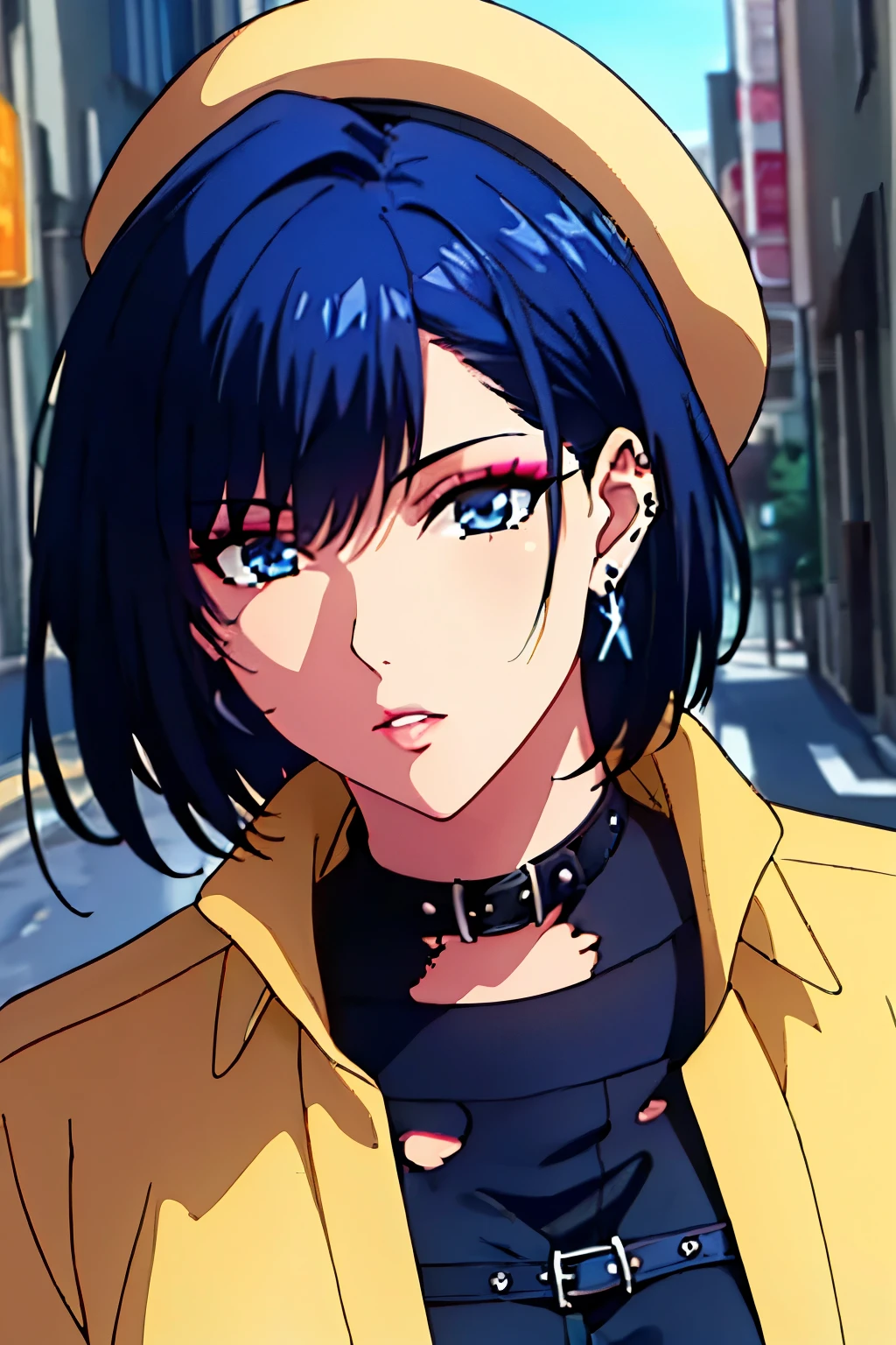 (masterpiece, best quality, high resolution, 8k:1.2), (anime coloring:1.2), highly detailed, tachibana, (medium breasts), blue eyes, short hair, blue hair, beautiful eyes, perfect eyes, fine eyes, brown eyes, featuring big highlights, detailed face, highly detailed, fine eyes, (beautiful face, beautiful eyes, symmetrical eyes), (mature face), 1girl, alone, (street rock fashion, (ripped clothes:1.3), thighs, fingerless gloves, fedora, belt, earrings, street corner), (makeup, false eyelashes, hair ornament, earrings, natural lip), looking at the viewer, in the center of the image, ((portrait:1.2)), dutch angle,