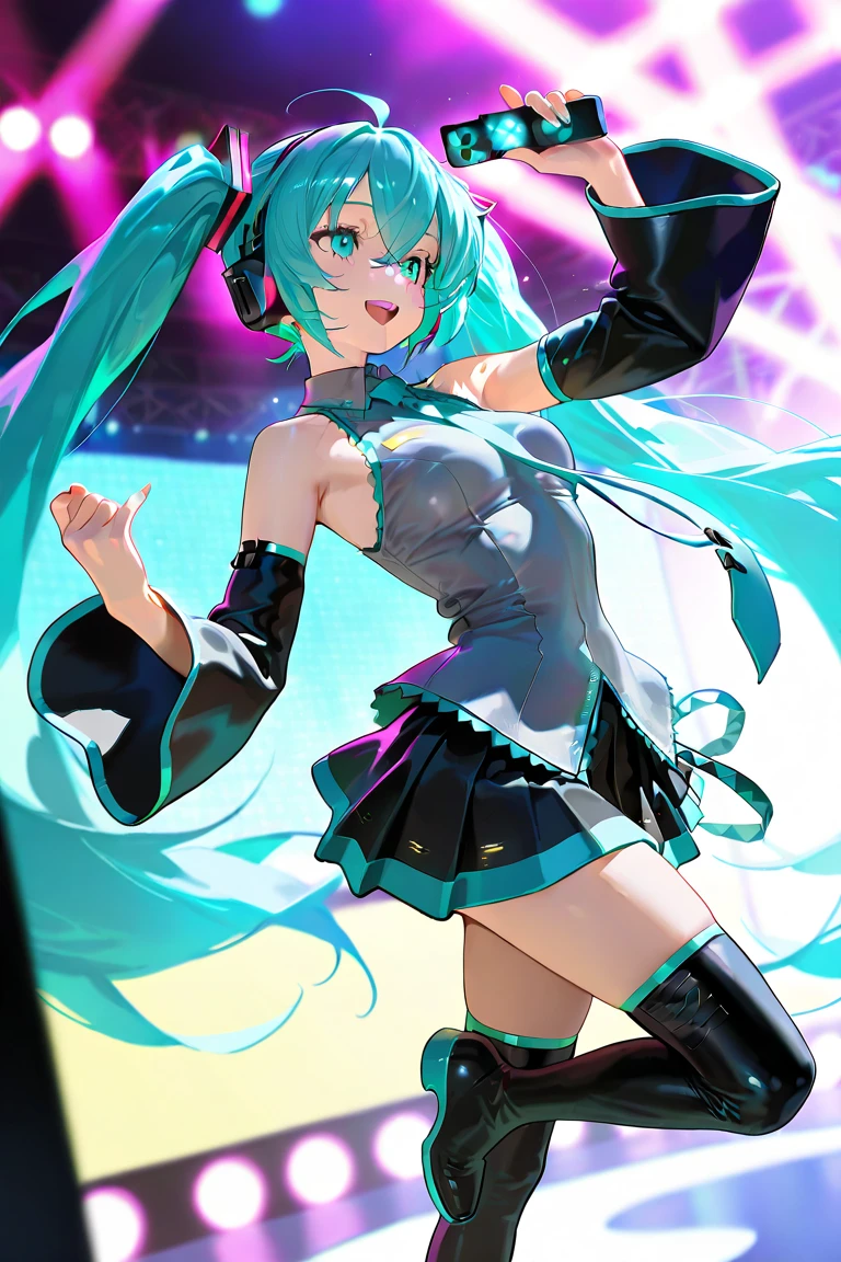 (Highest quality:1.2, Very detailed, Latest, Vibrant, Super detailed, High Contrast, masterpiece:1.2, Highest quality, Best aesthetics), woman, miku hatsune, Ahoge, Aqua Eye, Aqua Hair, Crossed bangs, Hair between the eyes, hair ornaments, Headphones, Long Hair, Twin tails, aqua tie, Black footwear, black skirt, Black sleeves, boots, collared shirt, Removable sleeves, grey shirt, tie, pleated skirt,,(((white panties))), ((cameltoe)), , (anus), shirt, skirt, Sleeveless, Sleeveless shirt, Perfect body line, Skin with attention to detail, cute, Detailed face, (((Face Up Shot:1.2))), (Random Pause), ((spot, stage, ライブstage:1.4)), Accurate Fingers, Light effects, Dance Motion, sensational, erotic, Soft lighting,((covered erectile nipples)),