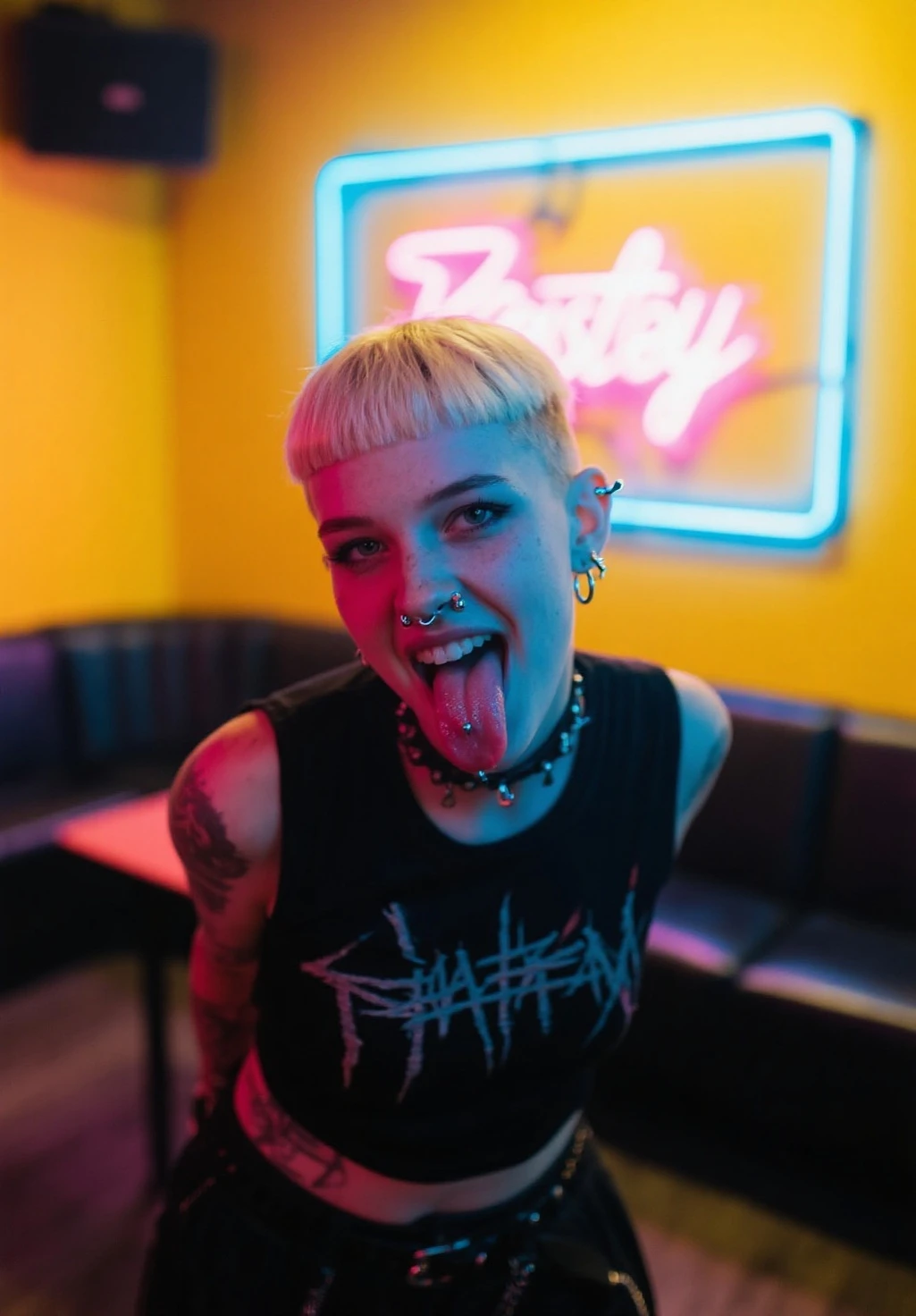 A blonde punk woman with stitches on her face stands in a dark urban setting, holding a liquor bottle. She is dressed in tattered punk clothes and has a cheerful expression. The street lights highlight her unique appearance in a medium shot. The image conveys a sense of individuality, rebellion, and carefree joy. body blend by the light.