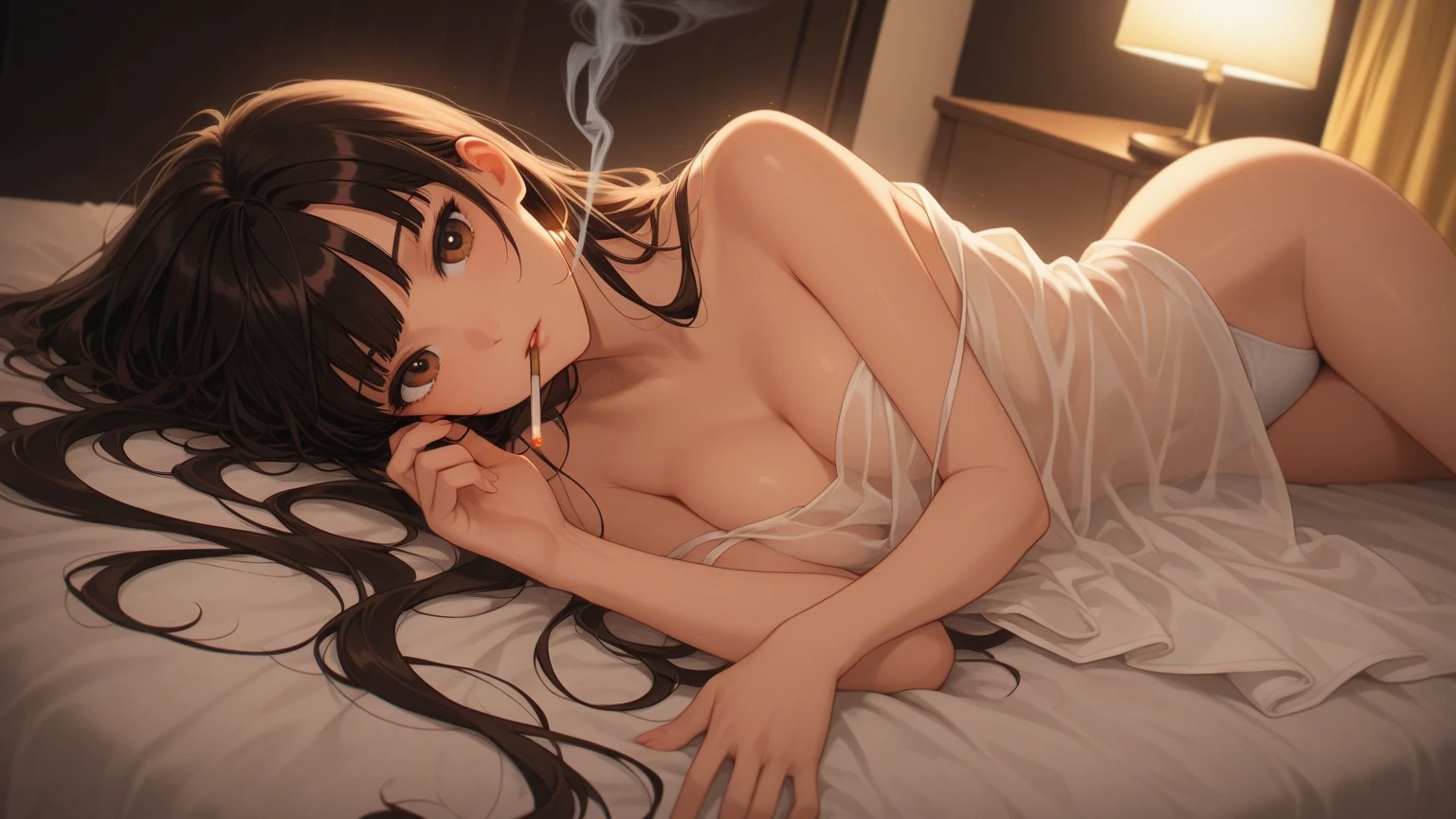 score_9, score_8_up, score_7_up, source_anime, rating_explicit, beautyful mature japanese woman, slim body, slender body, big long fringe black hair, black lipstick, pink bra, smoking, night, beauty chic room, golden and black roon, sit in a bed, motel room