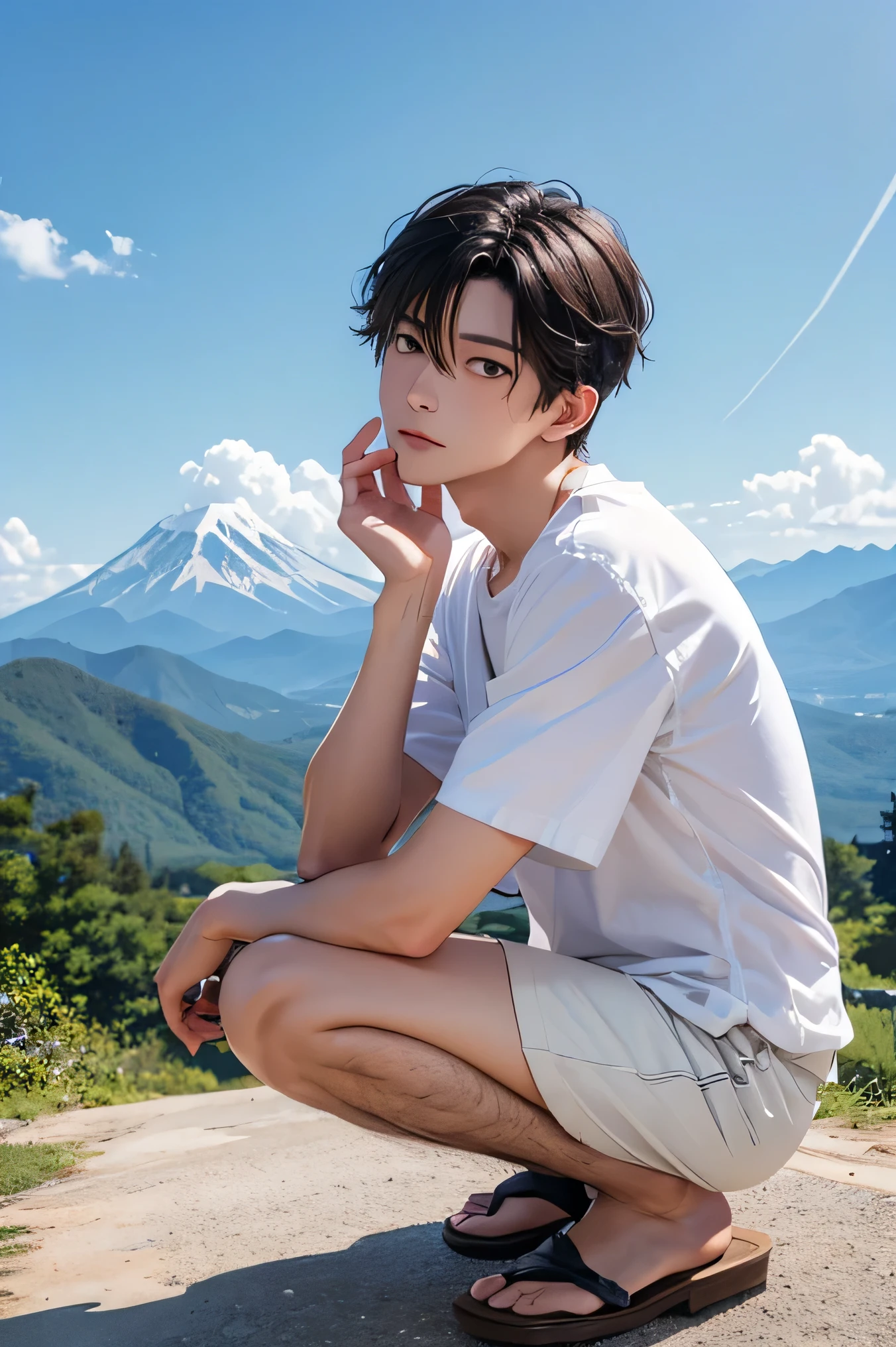 male Japanese handsome guys short hair dark haired whitetshirt White Shorts crouching face slightly upward and sad expression eyes The gaze is directed far away summer resort Plateau Resort the background is a beautiful sky and mountains