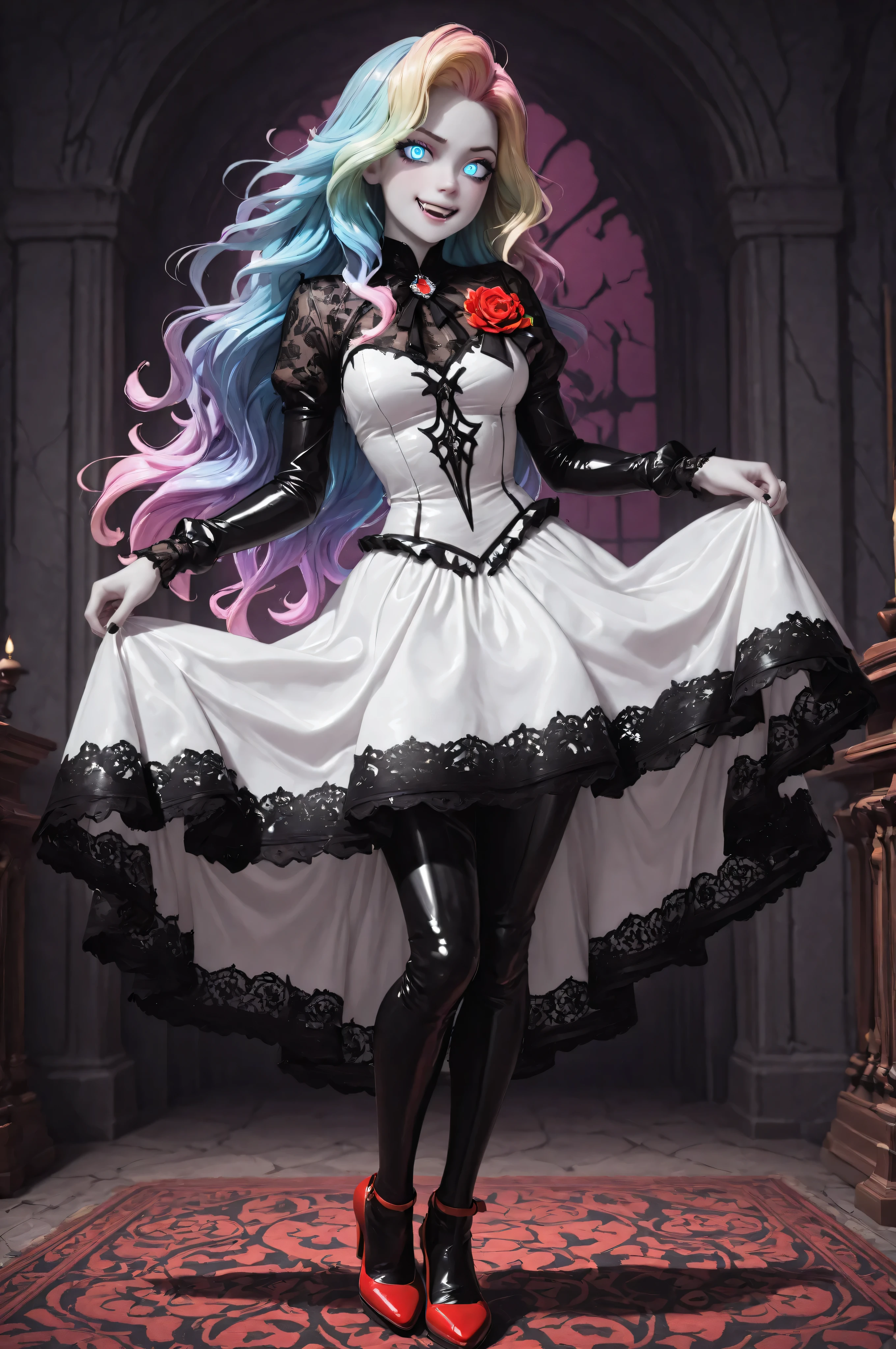 3D,Babe,FLUX,Semi Realistic,Vampire fangs teeth,Fang,midjourneylora,aidmaMJ6.1,a picture of magnificent female vampire, busty, dynamic hair color, long hair, flowing hair, pale skin, dark colorful hair, colorful eyes, glowing eyes, shining blue eyes, wearing intricate elegant black silk and lace dress, wearing red high heels, white dress with golden pattern, fantasy, black latex corsage, masterpiece, best quality, amazing quality