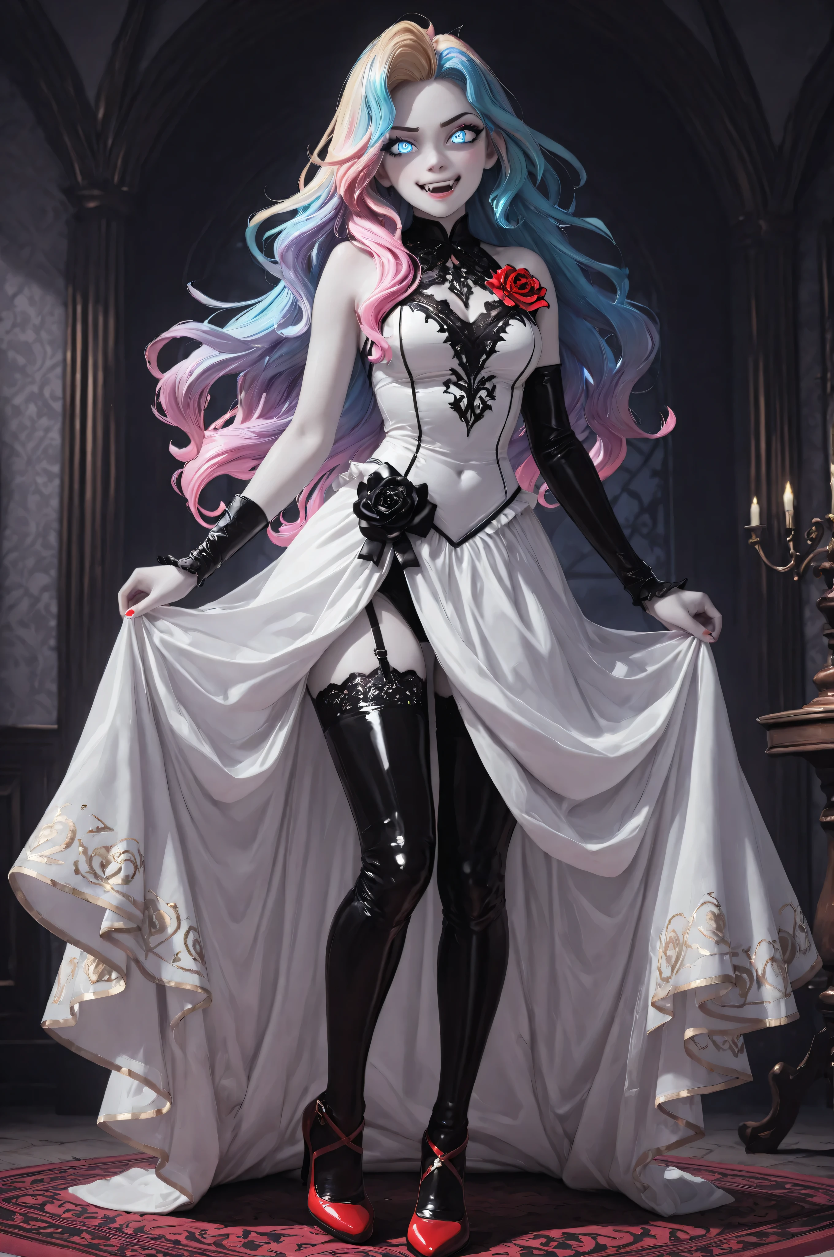 3D,Babe,FLUX,Semi Realistic,Vampire fangs teeth,Fang,midjourneylora,aidmaMJ6.1,a picture of magnificent female vampire, busty, dynamic hair color, long hair, flowing hair, pale skin, dark colorful hair, colorful eyes, glowing eyes, shining blue eyes, wearing intricate elegant black silk and lace dress, wearing red high heels, white dress with golden pattern, fantasy, black latex corsage, masterpiece, best quality, amazing quality