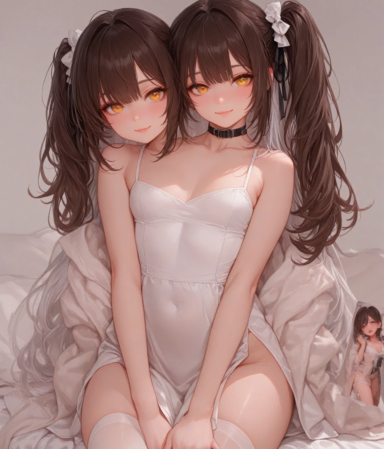 Very detailed, Highest quality, High resolution, Moe Anime, ((Two girls in underwear hugging each other:1.2)), (Black Hair:1.4), (Baby Face), Cute eyes, Detailed eye depiction, Eyes sparkling, Dark eye color, View your audience, Pale skin, (Big eyes:1.4, Droopy eyes:1.4, Torogao:1.4), Focus on the face, In the park with cherry blossoms falling, ((Lace bra)), ((The lower half is naked)), Bright Eyes, ((Nipples are visible through the fabric)), ((Petite)), ((Young)), ((nsfw)), (Flat Chest:1.4), ((Different hairstyles:1.4)), smile, (From below:1.4)