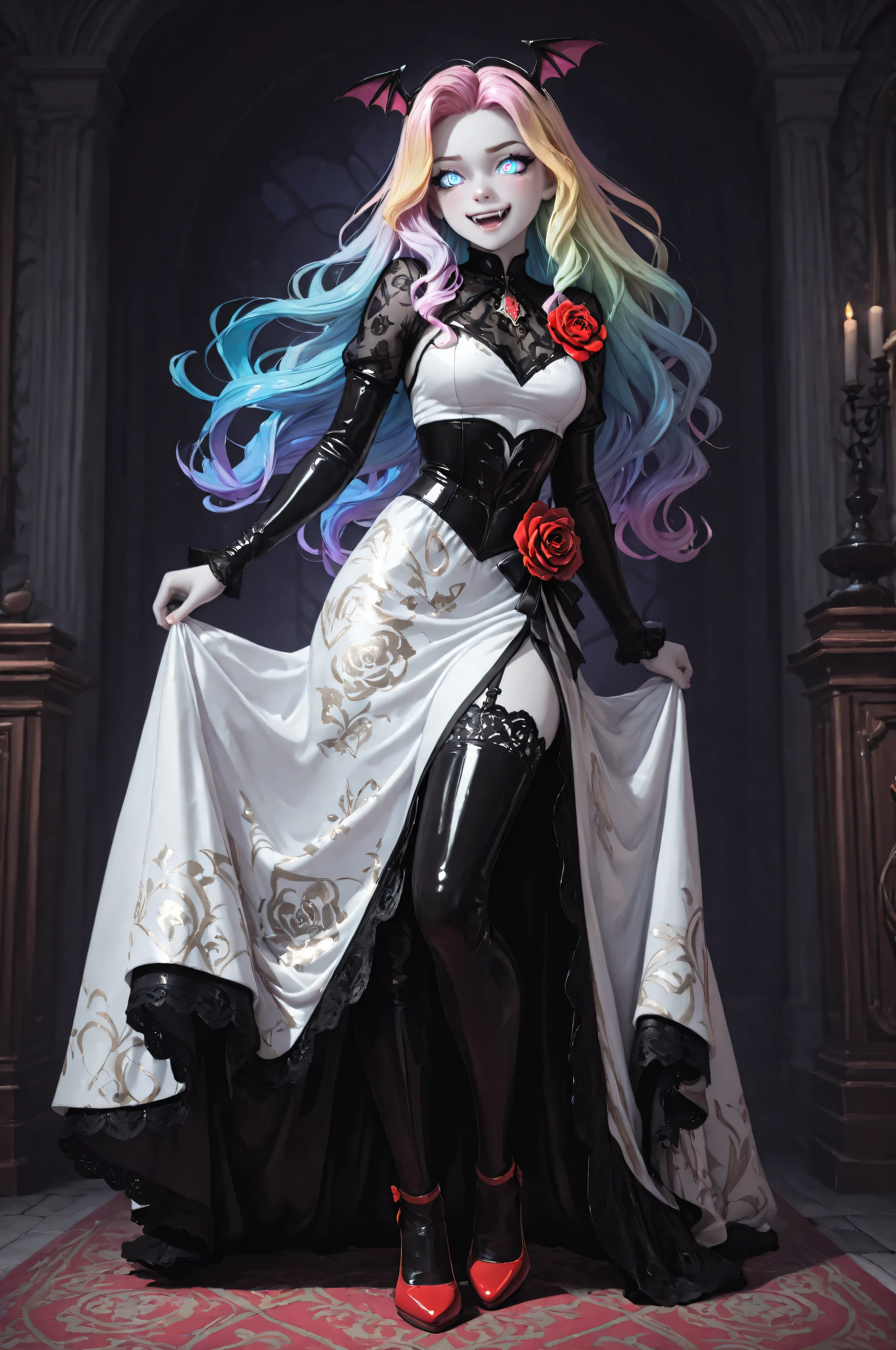 3D,Babe,FLUX,Semi Realistic,Vampire fangs teeth,Fang,midjourneylora,aidmaMJ6.1,a picture of magnificent female vampire, busty, dynamic hair color, long hair, flowing hair, pale skin, dark colorful hair, colorful eyes, glowing eyes, shining blue eyes, wearing intricate elegant black silk and lace dress, wearing red high heels, white dress with golden pattern, fantasy, black latex corsage, masterpiece, best quality, amazing quality