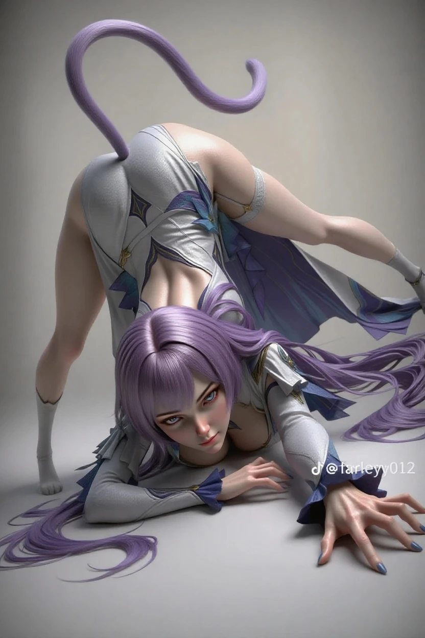 Girl with long purple hair, Slim, pretty, little chest, on all fours
