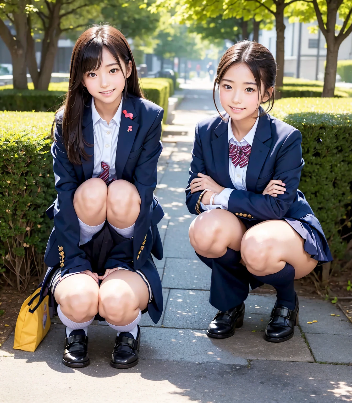 Move the center of gravity back, pretty embarrassing, no panties, thin legs, sidewalk, RAW photos, 8K, highest quality, super high resolution, beautiful face in detail, realistic human skin, gentle expression, front view, angle from below, long hair, realistic, photorealistic, cute, short skirt, squatting deep in the city, cute schoolgirl, wearing Japan schoolgirl uniform, surreal schoolgirl, Full body, no panties, there are camel toes, legs wide open, see-through underwear, pubic hair sticking out of underwear