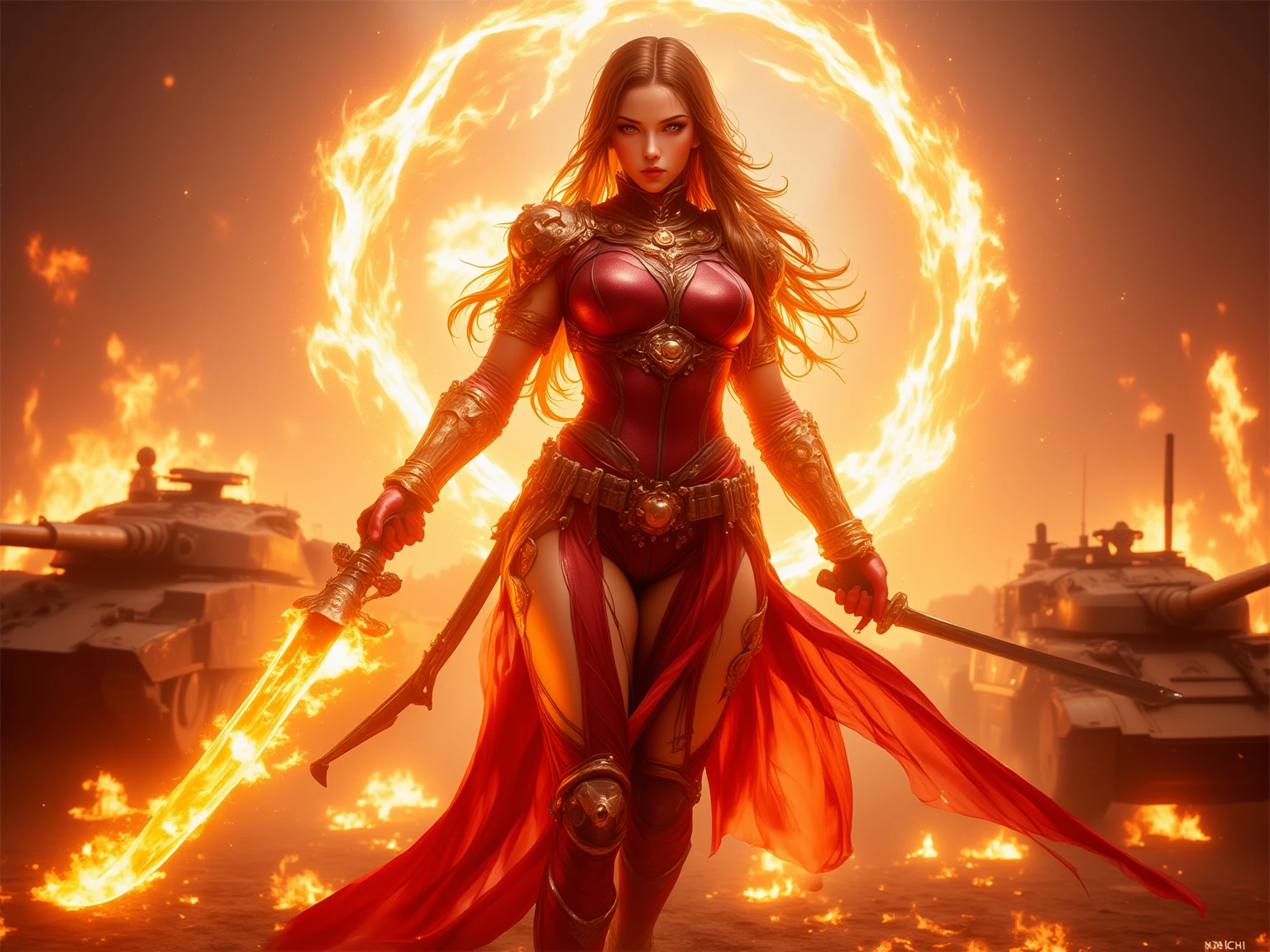 Khorne as a woman,displaying her own power.((conflict))(( Full figure wiew)). ((Three quarter wiew)).((fractal)),((deep wiew)),warp space scenario background,photographic,ultra high resolution,hyperdetailed, masterpiece, 3d modelling, digital art.