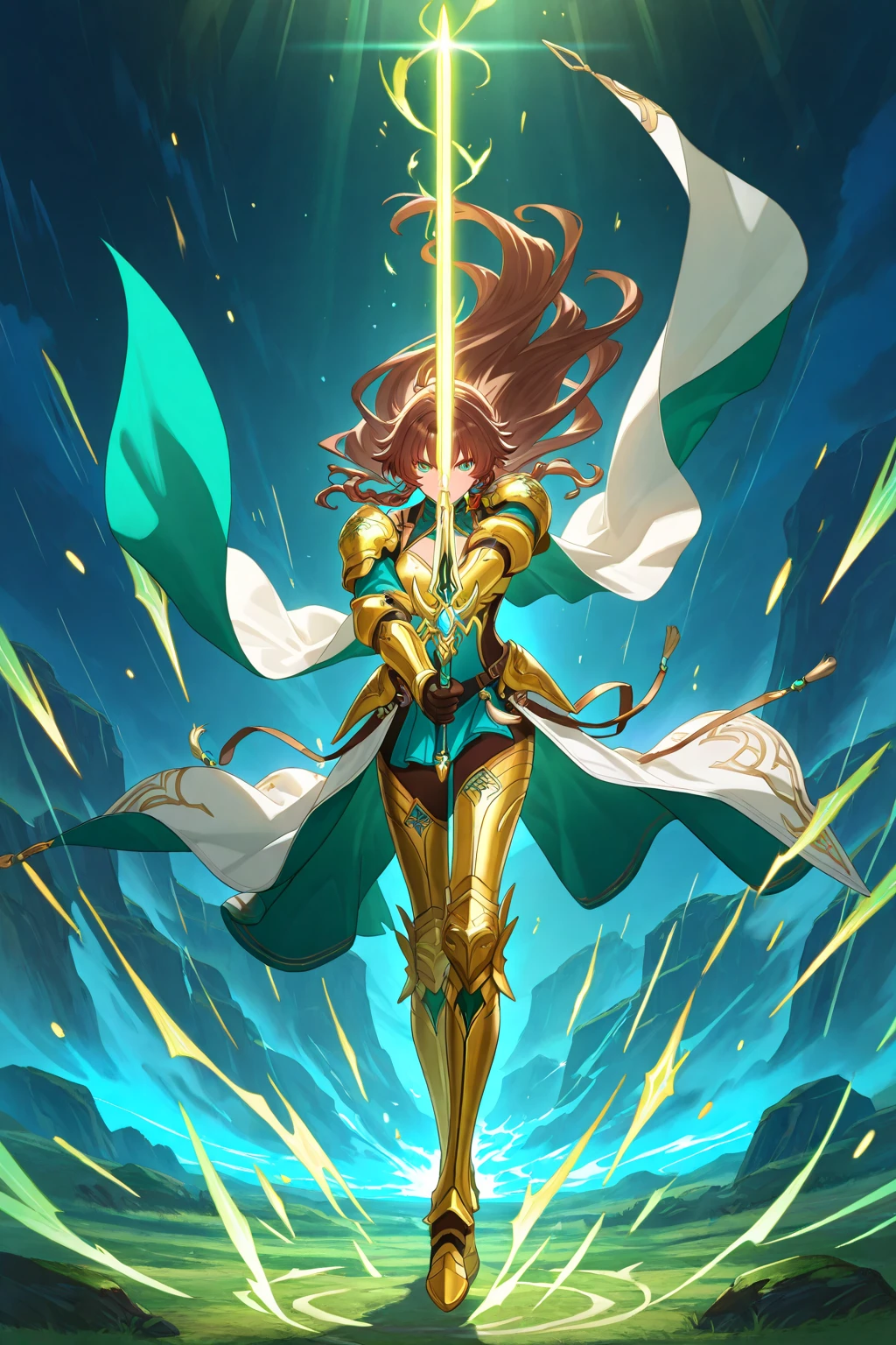(((SFW、sound、Highest quality、first-class、masterpiece、Normal body、8K、Detailed face、Ultra-precision、Normal hand、Normal finger、5Finger、Highest)))、beautiful girl、Golden blonde;1.4、Shortcuts、Bobcut、High Elf、In the Land of Leadale、Kena、Silver Ring Witch、Arcana Staff、Highestの杖、High Elfの法衣、Green clothes、Yellow-green cloak、Black trousers;1.4、Feathered hair band、smile、Silver ring around、Silver circular support system