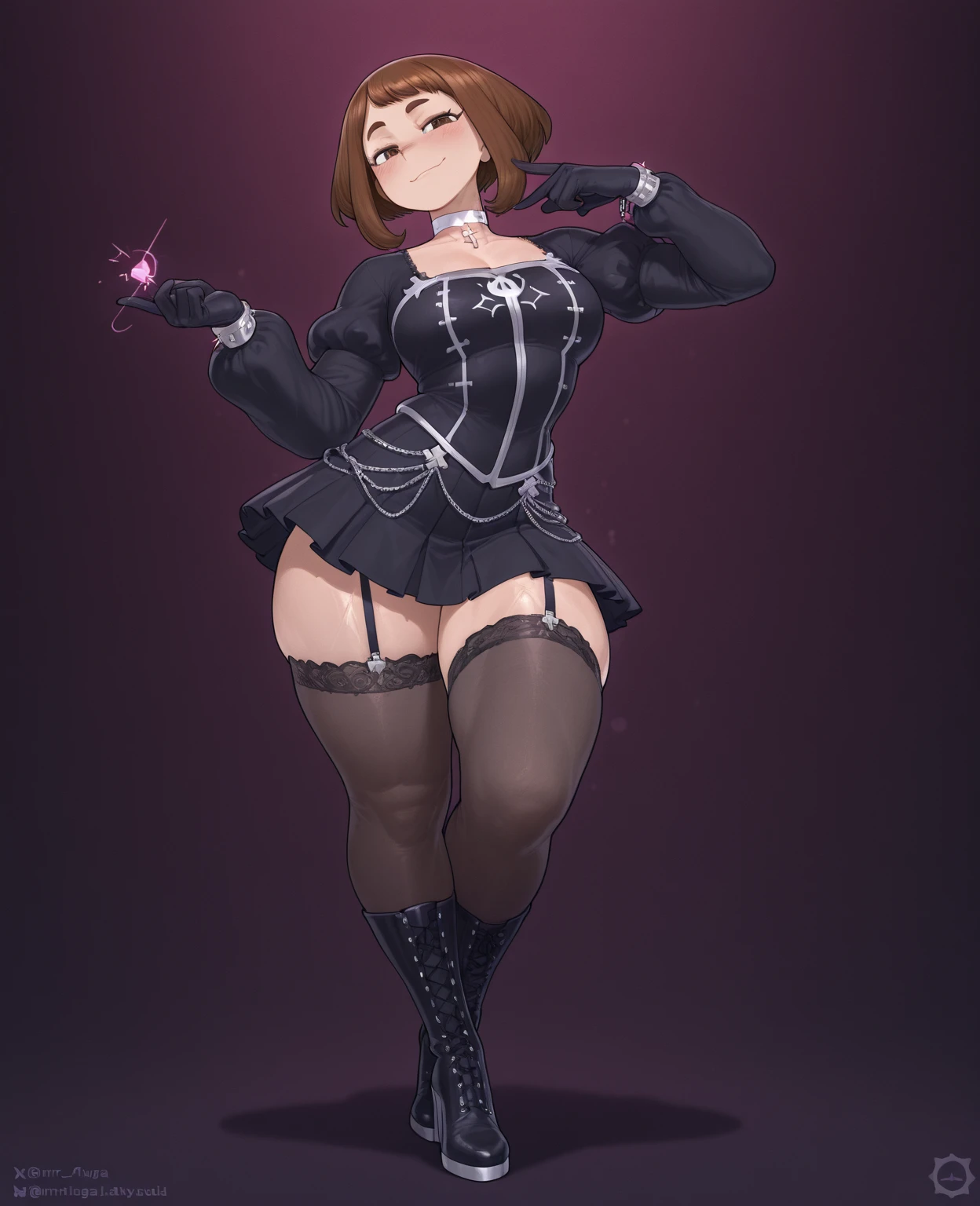 score_9, score_8_up, score_7_up, BREAK, LPB, brown hair, hair bun, blue eyes, wide hips, thick thighs, massive thighs, busty, 2bcosplay, 2b \(nier\:automata\) \(cosplay\), gloves, long sleeves, dress, puffy sleeves, black dress, clothing cutout, cleavage cutout, juliet sleeves, feather-trimmed sleeves, blindfold, black blindfold, covered eyes, full body shown