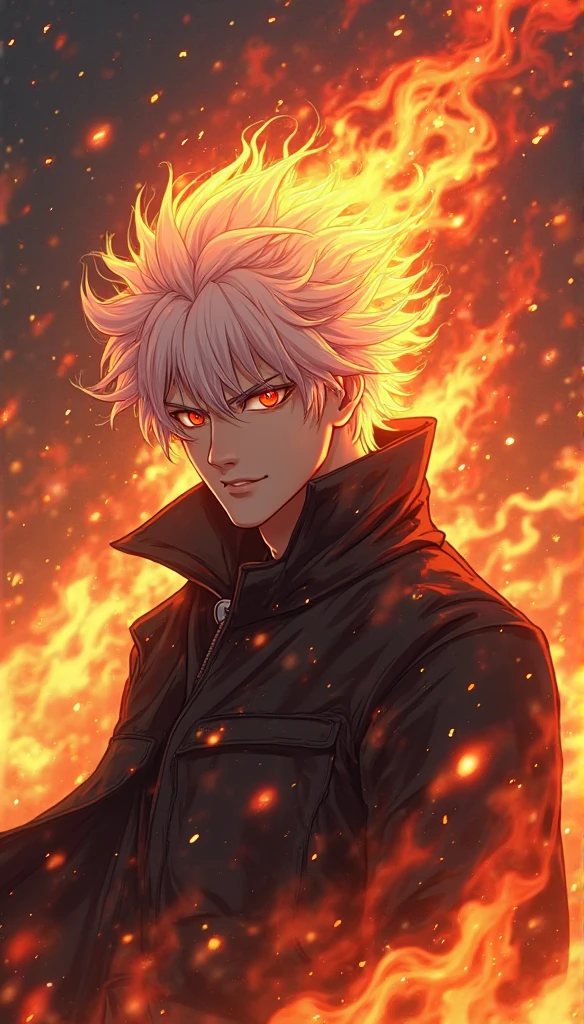 A white-haired, red-eyed man with a head of fire and a black jacket ...