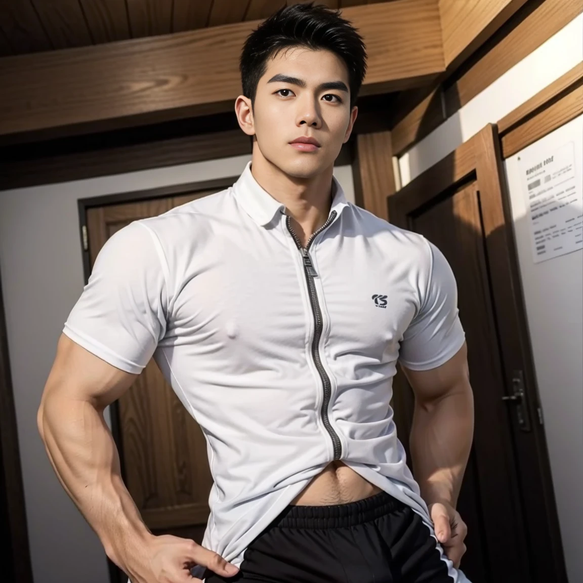 HOMEM COREANO, SEM CAMISA, rosto bonito, PEITO MUSCULAR, volume na cueca, bulge, grande, futuristic, robot body