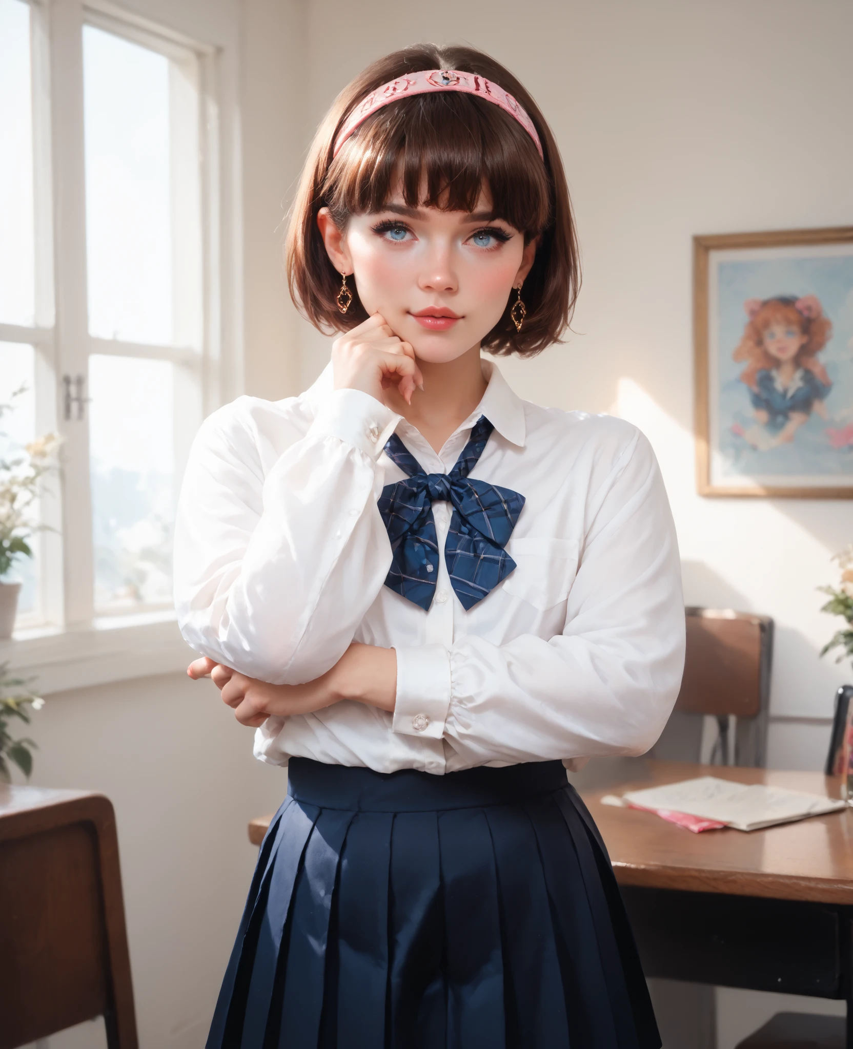 my trans girlfriend is a shy femboy, linda e angelical, tem cabelos curtos, brunette who likes to wear headbands, wears an impeccable school uniform, Super cute and feminine.