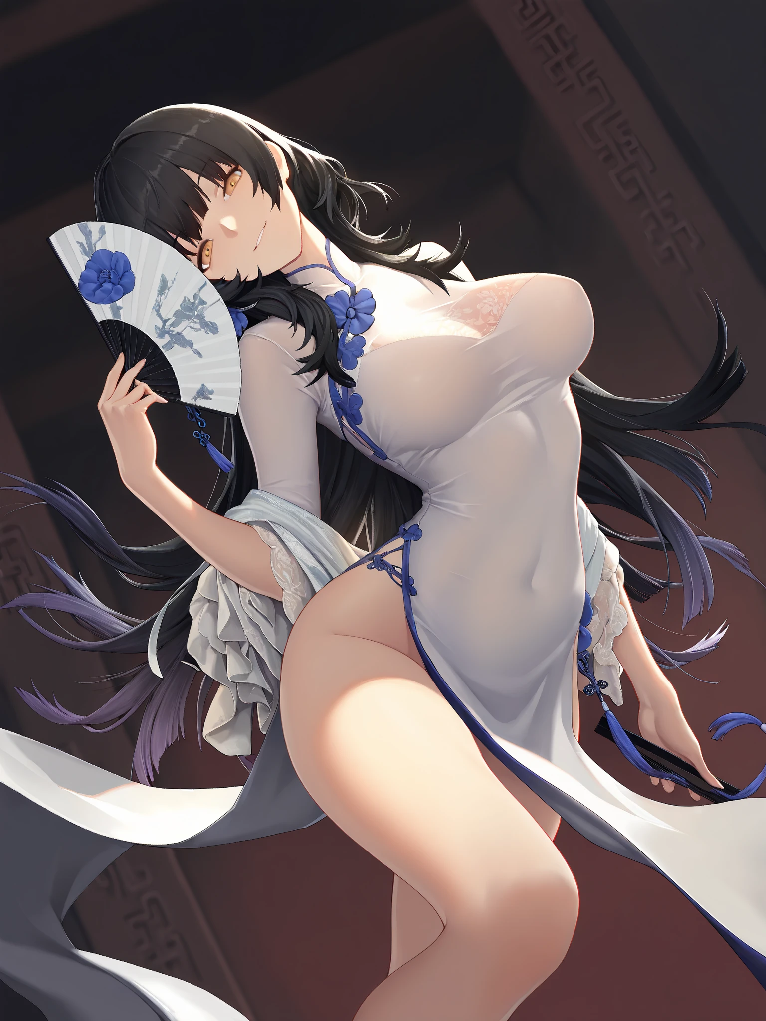 narcissus hairstyle, outfit-narcissus, 1girl, long hair, mole under eye, solo, looking at viewer, breasts, hand fan, blush, hair flower, flower, holding,,white background, brown eyes, holding fan, bangs, very long hair, simple background, black hair, large breasts, paper fan, hair between eyes <lora:outfit-type95narcissus-pynoise:1>