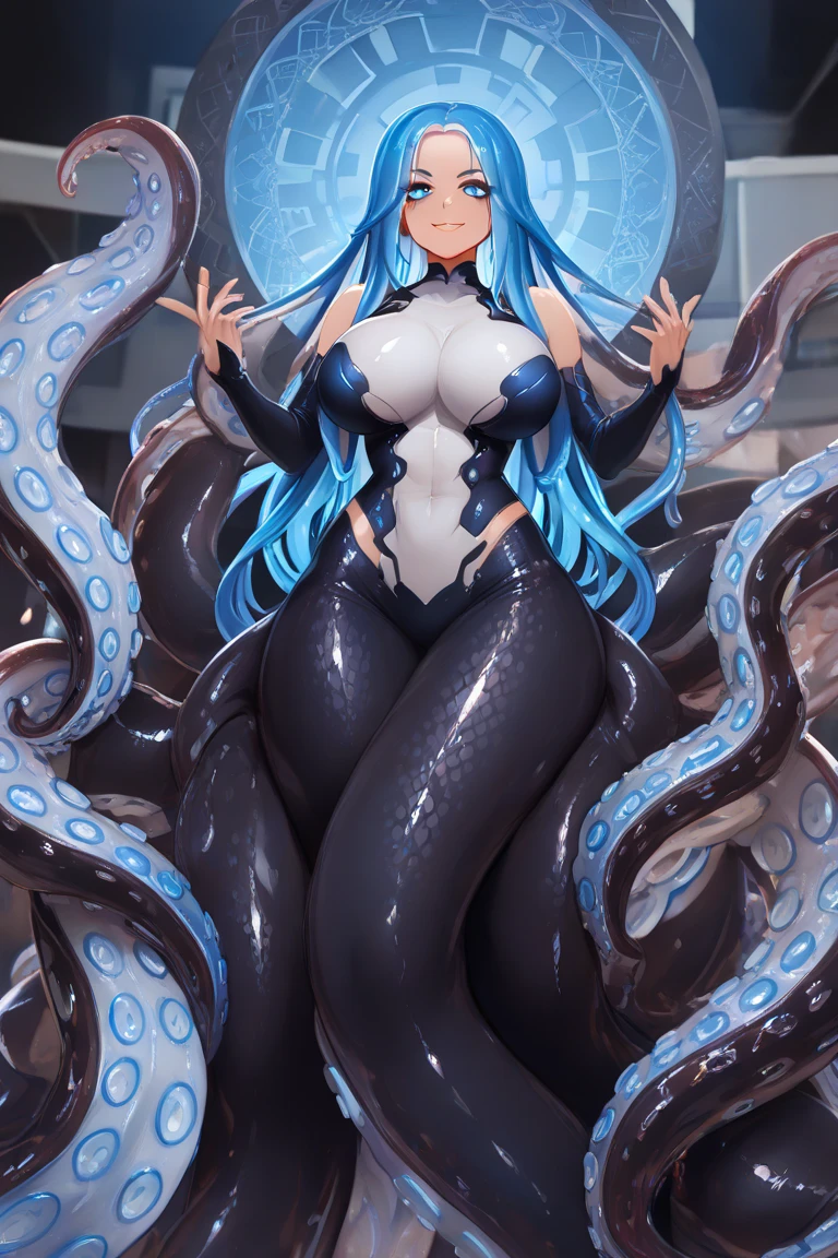 inapriestess, strapless dress, single thighhigh, single detached sleeve, black gloves, low wings, halo, detailed octopus tentacles, mole under eye, extreme muscular body, big breasts, 4 arms, full body.