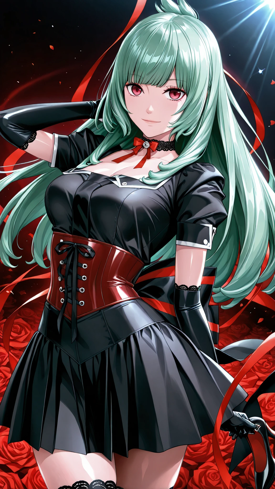 solo, kanzaki_saya, Green hair, long hair, Tight waist、Small waist、shiny Skin , (upper body), light smile, gothic theme, shoulderless black velvet blouse with layered puff sleeves, deep red ribbon brooch, shiny black satin waist-cinching corset, bell-shaped double-layer skirt (outer black georgette, inner dark red satin), bustle drape, big ribbon bow back, lace choker with cameo, elbow-length lace gloves, black gartered thigh-highs with subtle red vine pattern, black enamel mary jane heels with red rose, looking at viewer,anime high detail. beautiful shading, anime-style illustration, 8k resolution, ultra HD, dynamic lighting, vibrant colors, beautiful shading, anime-style illustration, 8k resolution, ultra HD, art by seto yuuki,looking at viewer,