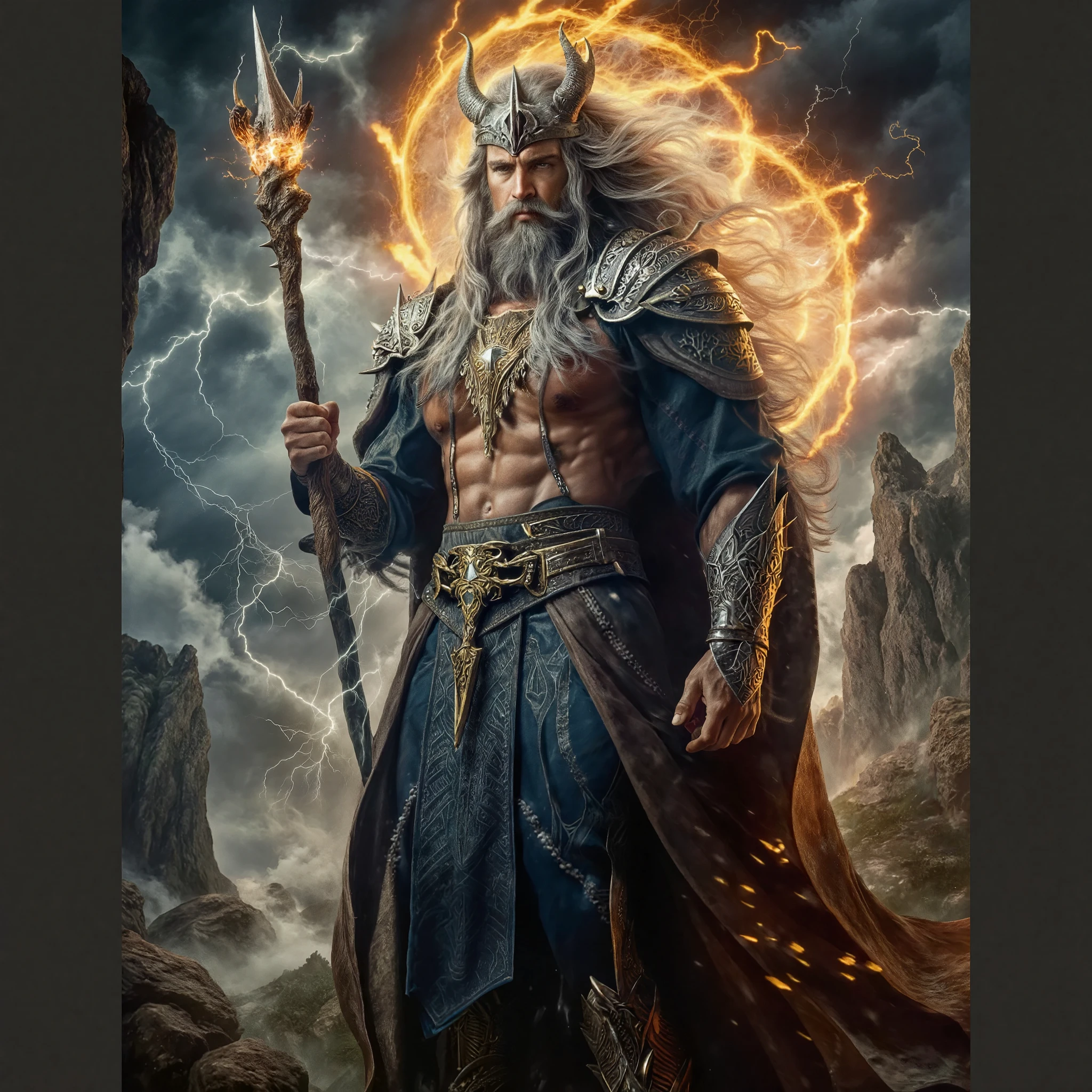 a storm-wielding god or ancient sorcerer. He stands powerfully amidst a dramatic rocky landscape, his presence amplified by storm clouds and arcs of lightning that surge around him, emphasizing his command over elemental forces. The figure is tall, muscular, physically perfect body and imposing, with a sculpted, flawless physique that radiates divine strength. His very long, flowing brown-silver hair and beard whip through the wind, adding to his aura of timeless wisdom and godlike majesty. He holds a gnarled wooden staff crackling with lightning, a clear symbol of his mastery over storms and raw natural power. His attire combines warrior and mystic elements: a single spiked pauldron on his shoulder, intricately designed bracers, and a heavy belt with ornate patterns securing flowing dark very Long flowing robes that give him a regal yet battle-ready appearance. A cloak drapes behind him, caught in the storm’s current, enhancing his larger-than-life silhouette. The entire scene exudes,((full body portrait))