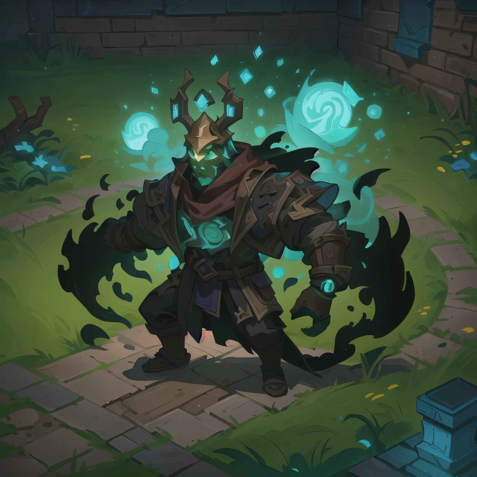 a cartoon image of a man with a glowing head and a green glowing face, in hearthstone art style, fantasy hearthstone art style, hearthstone art style, league of legends art style, hearthstone concept art, painted in the style arcane, dark flower shaman, dark cloaked necromancer, blizzard hearthstone concept art, painted as a game concept art, stylized concept art