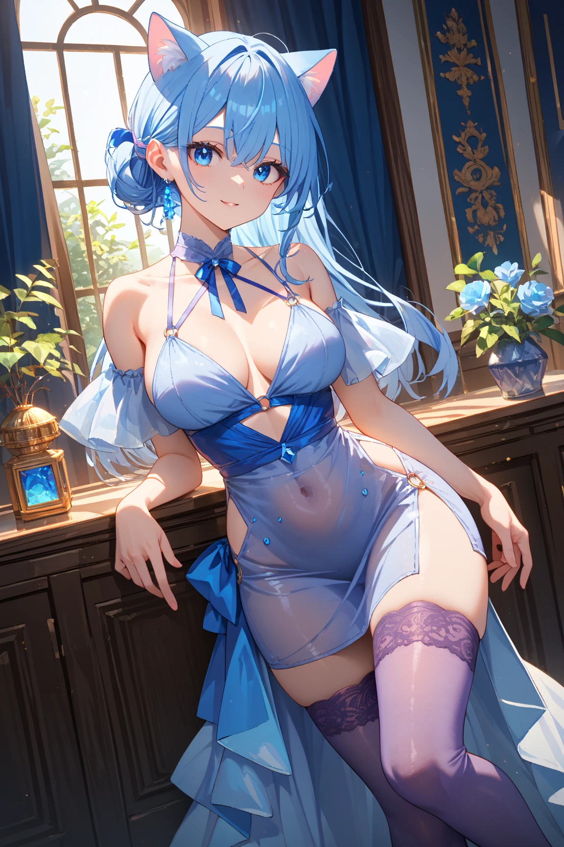 (highest quality, 8K, 32K, masterpiece, UHD: 1.3), 1 female, (Oversized: 1.3), perfect figure,, (attractive), (Sheer skin)) 、((((Transparent see-through dress))))、see-through dresses、lace sheer dress、Transparent dress、Sheer skin、Transparent dressを着た美しい裸の女性、solo、best style、big breasts、The most beautiful in the world、unparalleled beauty、long hair、 ((blue bathhouse)),、Blue lighting. concept art stunning atmosphere, blue atmosphere, beautiful concept art, dark majestic gorgeous pool、(blue water辺、blue water)、blue stone、blue stone、blue reflection、Cyan color、get wet in blue water、Blue light、blue flower、Blue roses、Blue World、Expressive、sexy pose、sexy design、nipple
