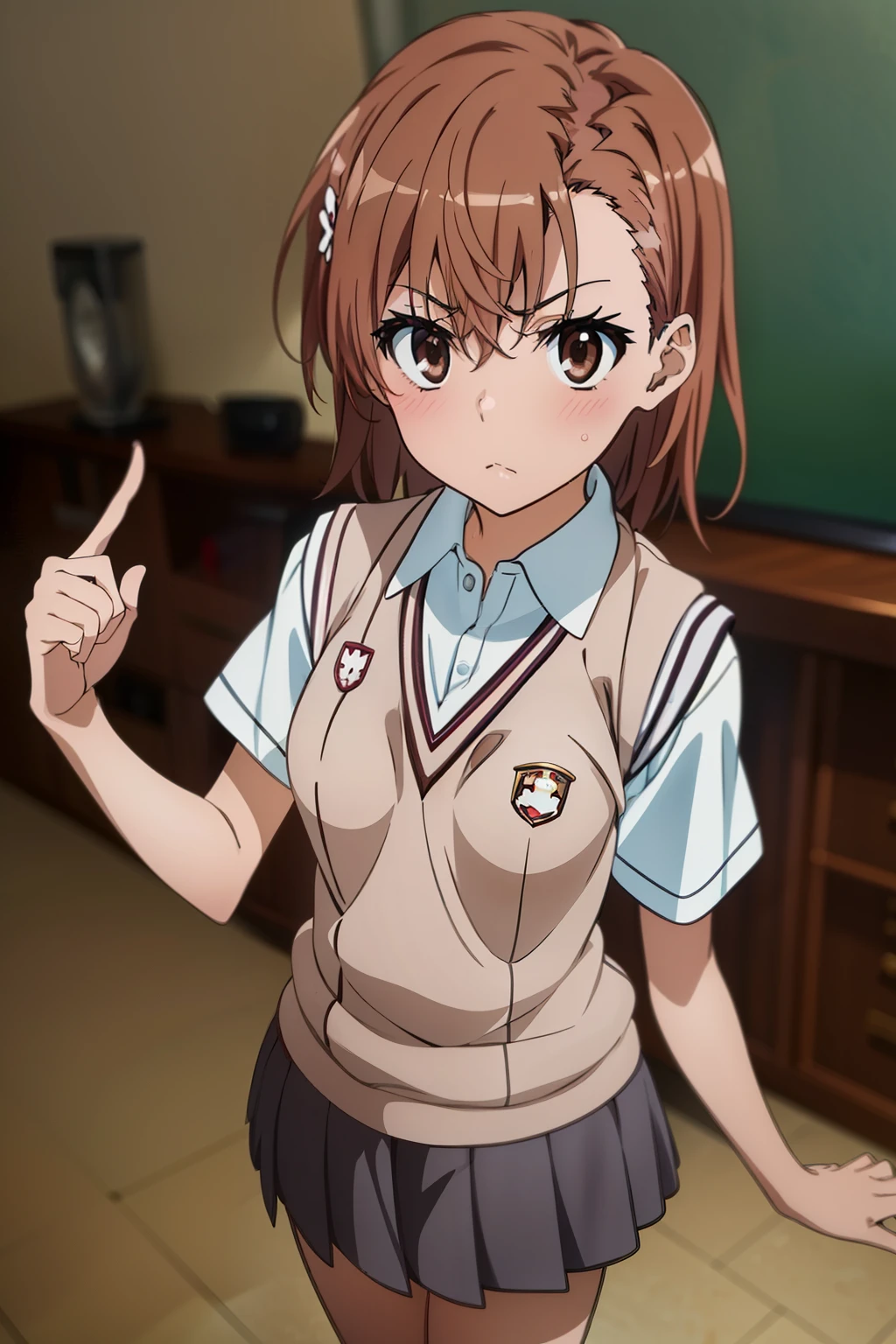 (masterpiece, best quality, high resolution, 8k:1.2), (anime coloring:1.2),  perfect character design, official art, highly detailed CG Unity 8K wallpaper, perfect face, perfect eye, perfect hair style, perfect body,  beautiful body, beautiful skin, beautiful , beautiful legs, beautiful hands, perfect hands, beautiful finger, beautiful face, beautiful eyes, symmetrical eyes, slim body, (1 girl), (misaka mikoto, brown eyes), (small ), (brown hair, short hair, bangs, eyebrows visible through hair, hairpin), (tokiwadai school uniform, white shirt, short sleeves, (sweater vest, v-neck), (gray skirt, pleated skirt, mini skirt)), (upper body), (dutch angle), (looking at the viewer),