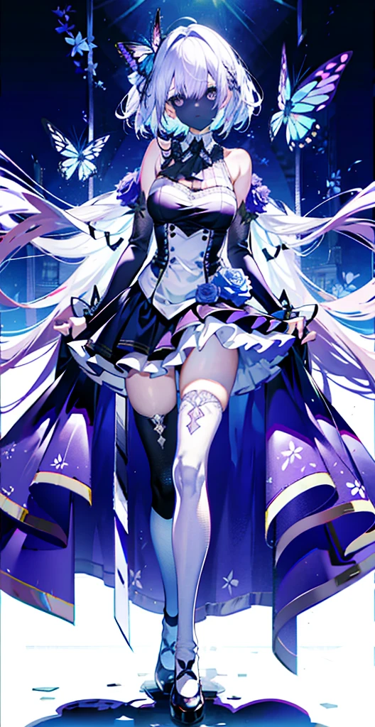 silber hair,butterflys,long whitr hair,8k wallpaper,detailedbackground,Highest high resolution,deep v big breasts,Hair covers one eye,Bandeau,chies,Purple roses,tight-fitting,