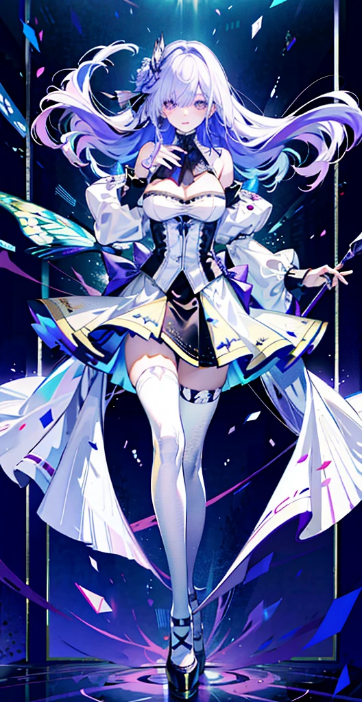 ((masterpiece:1.4,best quality)),(Super detailed),(Extremely detailed eyes),(black leggings,Shiny socks:1.5),Hello Darkness
(Cute girls),15 years old,(Blood-red pupils,Diamond-shaped pupil:1.15),Purple Eyeshadow,(elongated hair,Thick hair,Single ponytail,shiny hair:1.5)(Changes through:1.2),despair,sad,Empty eyes,tears streaming down my face,tilting its head to the side,
(She wore a blue dress,:1.5),(Black gloves:1.4)Very long plush sleeves,White,White Cloud,Dream bubbles ,Ice and glitter effects
(Black long skirt:1.1),
((Starry Sky:1.2)),
(Intense black and white:1.16),(Depth of Field:1.4),,Intricate details,(((Detailed background,Castle in the Sky,Purple flowers by the lake))),(((Huge breasts,Bare breasts,Deep cleavage,White stiletto high heels)))
