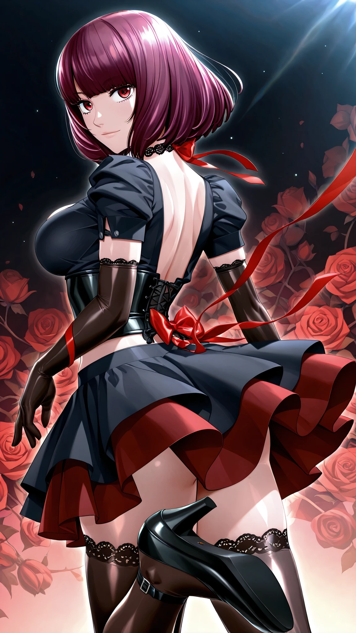 solo, Oboro,  purple hair, short hair, Tight waist、Small waist、shiny Skin ,  (upper body), light smile,  gothic theme, shoulderless black velvet blouse with layered puff sleeves, deep red ribbon brooch, shiny black satin waist-cinching corset, bell-shaped double-layer skirt (outer black georgette, inner dark red satin), bustle drape, big ribbon bow back, lace choker with cameo, elbow-length lace gloves, black gartered thigh-highs with subtle red vine pattern, black enamel mary jane heels with red rose, looking at viewer,anime high detail. beautiful shading, anime-style illustration, 8k resolution, ultra HD, dynamic lighting, vibrant colors, beautiful shading, anime-style illustration, 8k resolution, ultra HD, art by seto yuuki,looking at viewer,