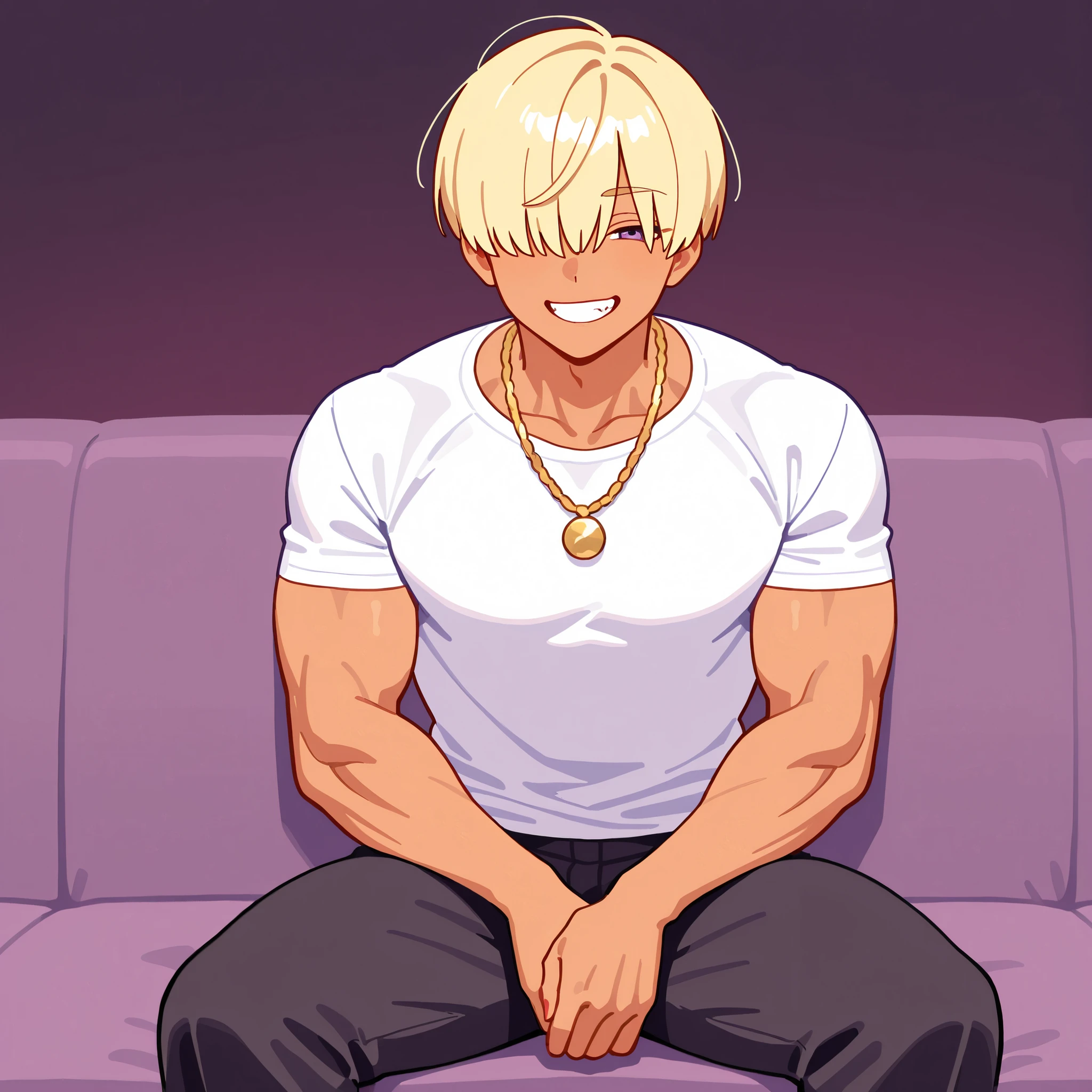 microphone、microphoneを持つ、Put your hands on the couch、sitting、(((hair over eye:1.4)))、super detailed illustration、Ultra Precise Acting、masterpiece、Highest Quality、超high resolution、high resolution、dark background、Black purple background、 male、adults、One person、Blonde、white shirt、gold necklace、black pants、( muscles:0.9)、grin、茶色い肌、tanned skin、medium bowl cut、Yankee、delinquent、(blue eyes:0.5)
