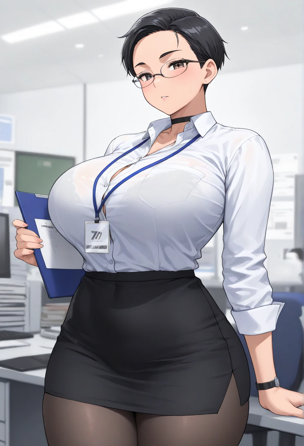 , ((High resolution)),masterpiece, high quality, 最high quality, beautiful, perfect lighting, detailed face, super cute face, ((1 girl)), ((alone), short brown hair, fluffy hair, embarrassed look, ((blush)), looking at the viewer, ((Forehead))、parted bangs、asymmetrical bangs、put your hand on your waist, standing in office, (office), daytime, dress shirt, pencil skirt, (tight clothes), (Chubby), (thigh height), (wide hips), ((thick thighs)), medium breasts, cleavage, perky chest, 24 year old female,Silver bracelet type transformation item