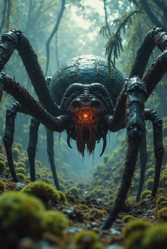 Inteligene giant spider Arachna with its baby using string and creating web to renew the era and earth