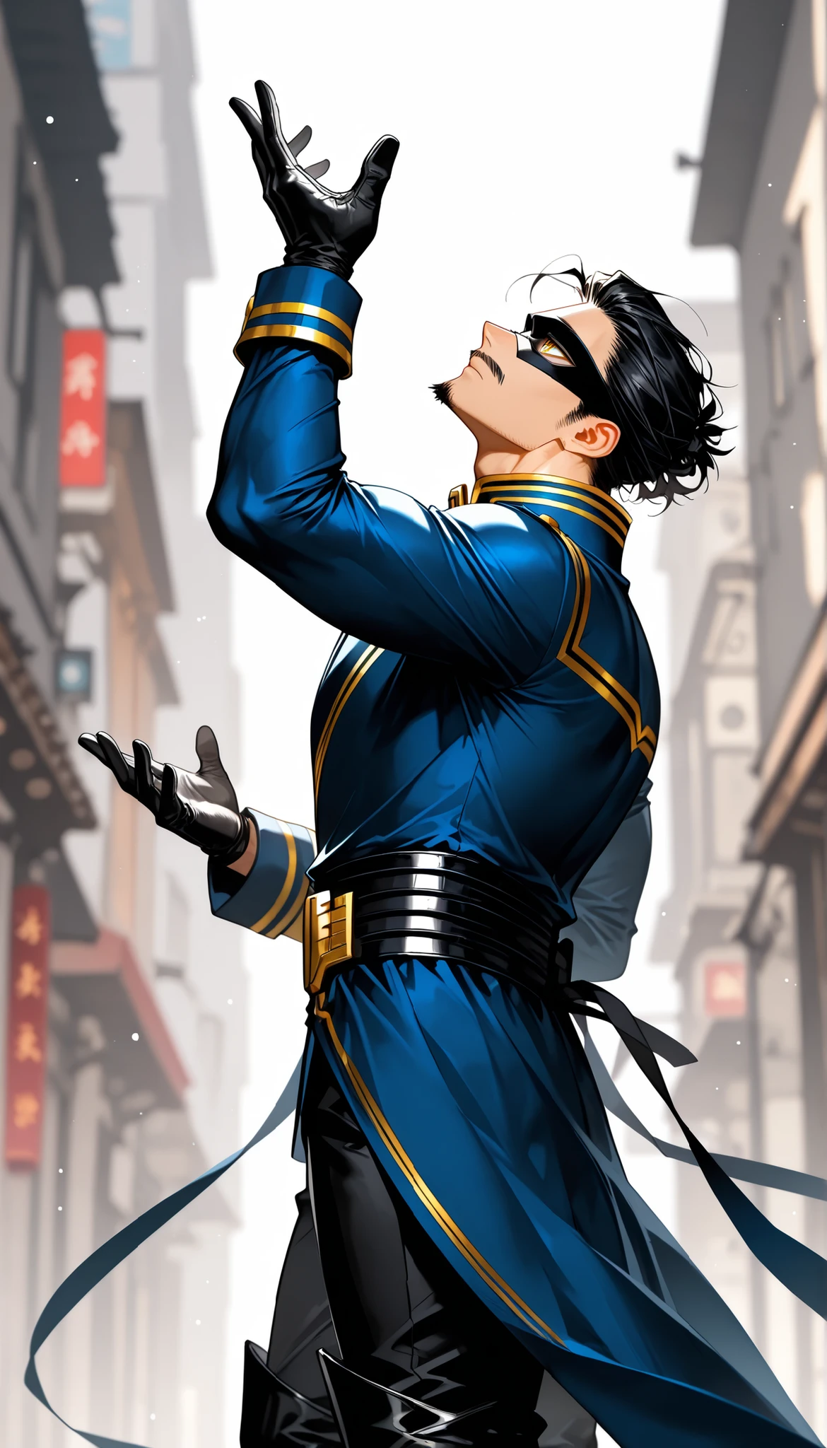 solo, half body, {((male)), my hero academia, ((mature:9)), toned body, muscular, ((black hair)), clean short hair, sleek back hair, light skin, ((yellow eyes)), facial hair: goatee and mustache, sideburns, confident expression, ((black eye-mask)), confident but shadowed expression, wearing blue long coat with gold trim, white ruffled shirt, crimson sash at waist, black trousers, tall black leather boots, black leather gloves, reaching up with one hand, looking up, side view}, [BREAK] blurred background, white background, [BREAK] general, masterpiece, masterwork, best quality, highres, cinematic composition, ultra-detailed fabric textures, eyeshd, high gradient eyes, detailed eyes, photoreal semi-cinematic style, perfect hands