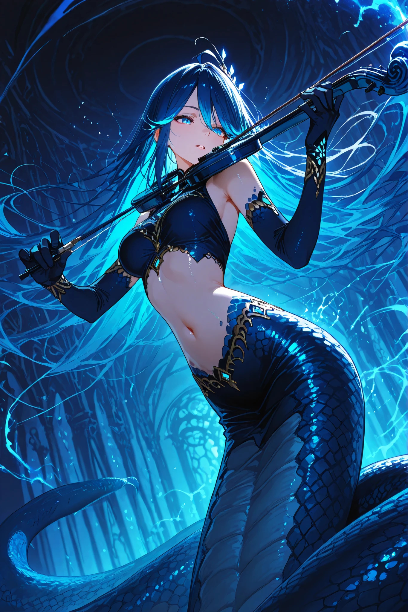 Beautiful lamia girl, upper body human with delicate feminine features, lower body long serpent tail covered in shimmering blue-tinted scales glowing faintly, captured in a dramatic dynamic pose while playing a violin, tail coiling and twisting with motion as if dancing to the music, hair flowing wildly with glowing blue highlights, violin emitting magical blue trails in the air, scene viewed from a tilted dynamic angle (cinematic perspective), moonlight and arcane blue aura blending together, expression passionate and powerful, ultra-detailed fantasy illustration, masterpiece with intense energy and motion