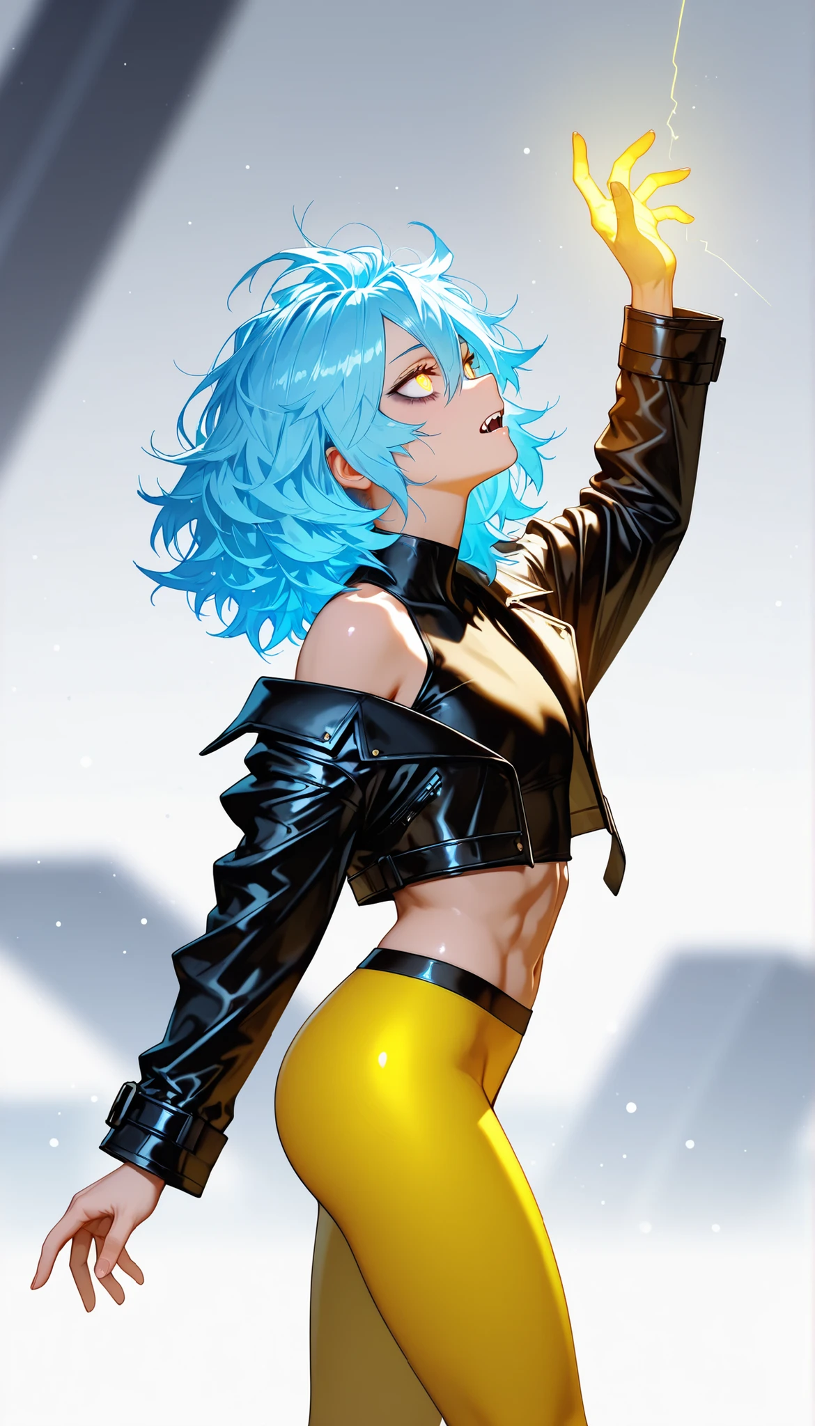 solo, half body, {((man)), my hero academia, ((mature:9)), otoko no ko, toned body, ((electric blue hair)), short messy hair, hair in face, hair between eyes,, light skin, ((yellow glowing eyes)), sharp fangs, dark shadows under eyes, confident expression, wearing black crop top, plain yellow leggings/tights, bare feet, black leather cropped jacket draped off shoulders, standing, reaching up with one hand, looking up, side view}, [BREAK] blurred background, white background, [BREAK] general, masterpiece, masterwork, best quality, highres, cinematic composition, ultra-detailed fabric textures, eyeshd, high gradient eyes, detailed eyes, photoreal semi-cinematic style, perfect hands
