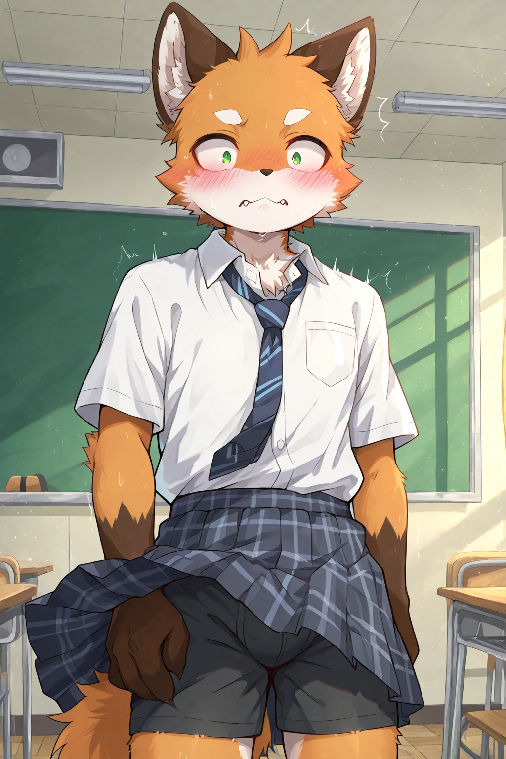 quality\(8k,Extremely detailed CG unit wallpaper, masterpiece,high resolution,top-quality,top-quality real texture skin,Surrealism,提high resolution,RAW photos,Best quality,Very detailed,,light,Ray Tracing,Golden Ratio\),Close-up above the waist,boy,Shota,shota,Fox Boy,Red Fox,hairy big tail,furry,hairy,hairy,Red fur,Teacher clothing,Teacher background,Blackboard background,Teacher boy,Hip bulge,Bulge between the thighs,Teacher shirts,trousers