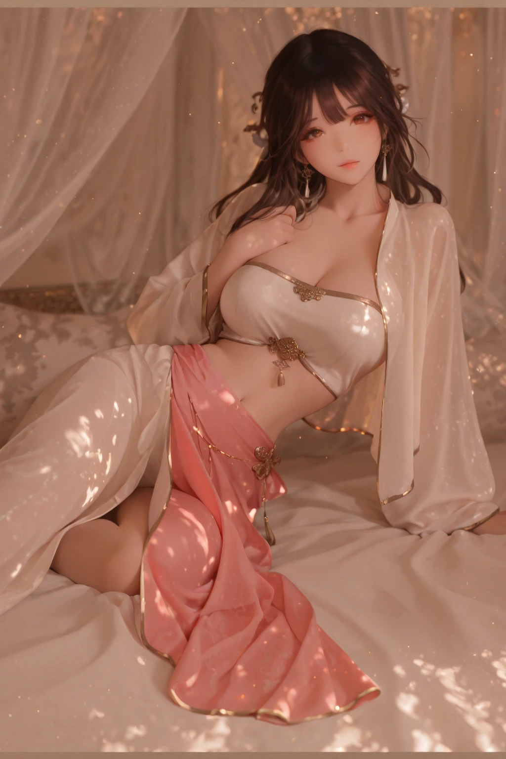 Best Quality, masutepiece, ultra-detailhigh-resolution, (Realistic: 1.4), Watercolor style, Illustration, Dazzling background color,, Skinny Girl, (solo exhibition: 1.2), (lens: 1.2), (Hair crown: 1.2), (dark brown hair,Traditional Chinese Dunhuang costumes, No strap, (Red Eyeliner: 1.2), (: 1.4), (Accurate Hand Modeling),earrings, Dynamic Angle, Opera House, Messy_long_hair, inky, movie lights, lens_f lare, velvet, chrysanthemums, tassels, bow ribbon, Color embroidery,relaxed on bed,Open your crotch to show your panties、White underwear,Chest exposed,Upper body naked