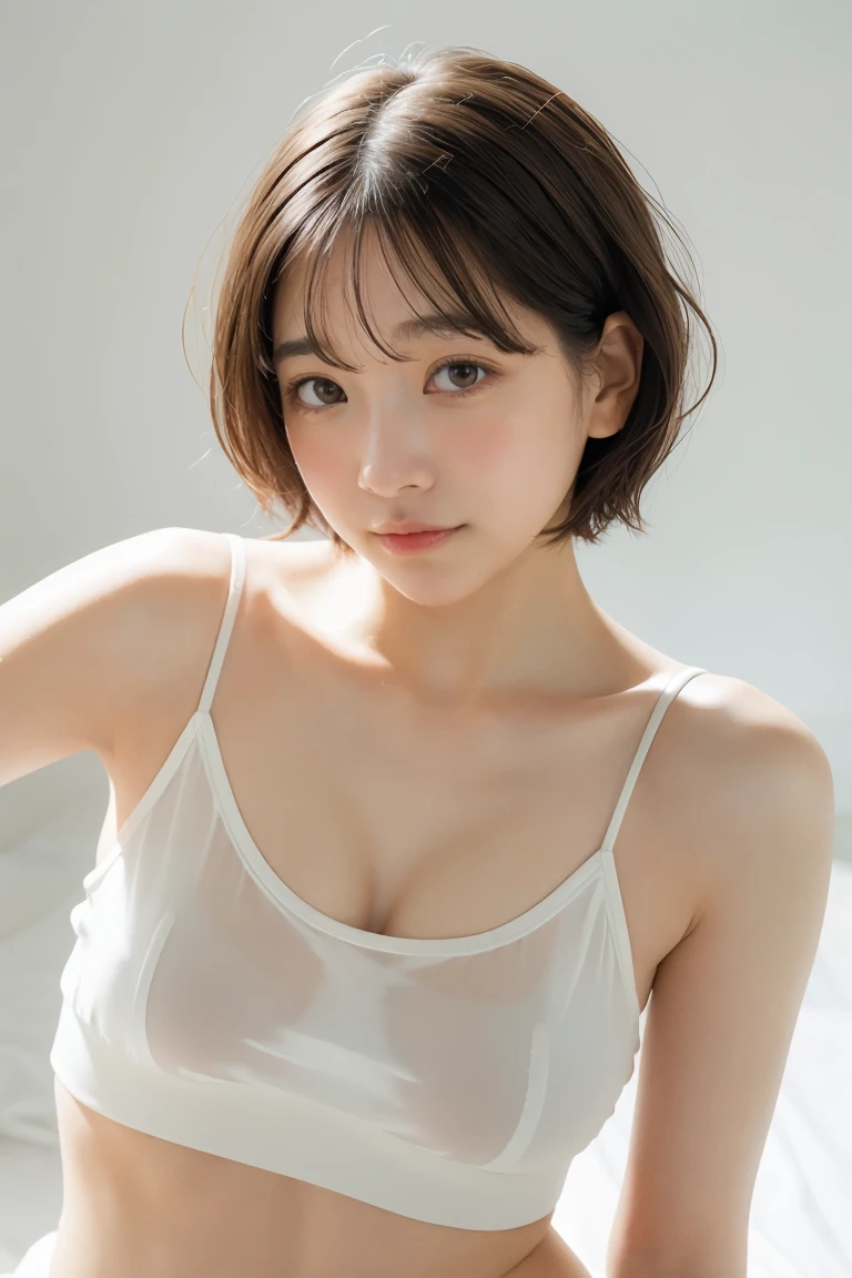 Highest quality、8k、masterpiece、Ultra-high resolution、Clear photos、Realistic、detailed、Professional Lighting、detailed、detailed、Very cute girl、beautiful girl、smile、(Very short hair)、Brown Hair、Beautiful Hair、Super Slender、Delicate body、Beautiful eyes、Clear Eyes、(Small breasts、Flat Chest)、Large erect nipples:1.4、Tight waist、(Wearing a wet white tank top、Tight tank top、Soaking wet)、(Full body photo)、((In the library)、stand、(a lot of people々))