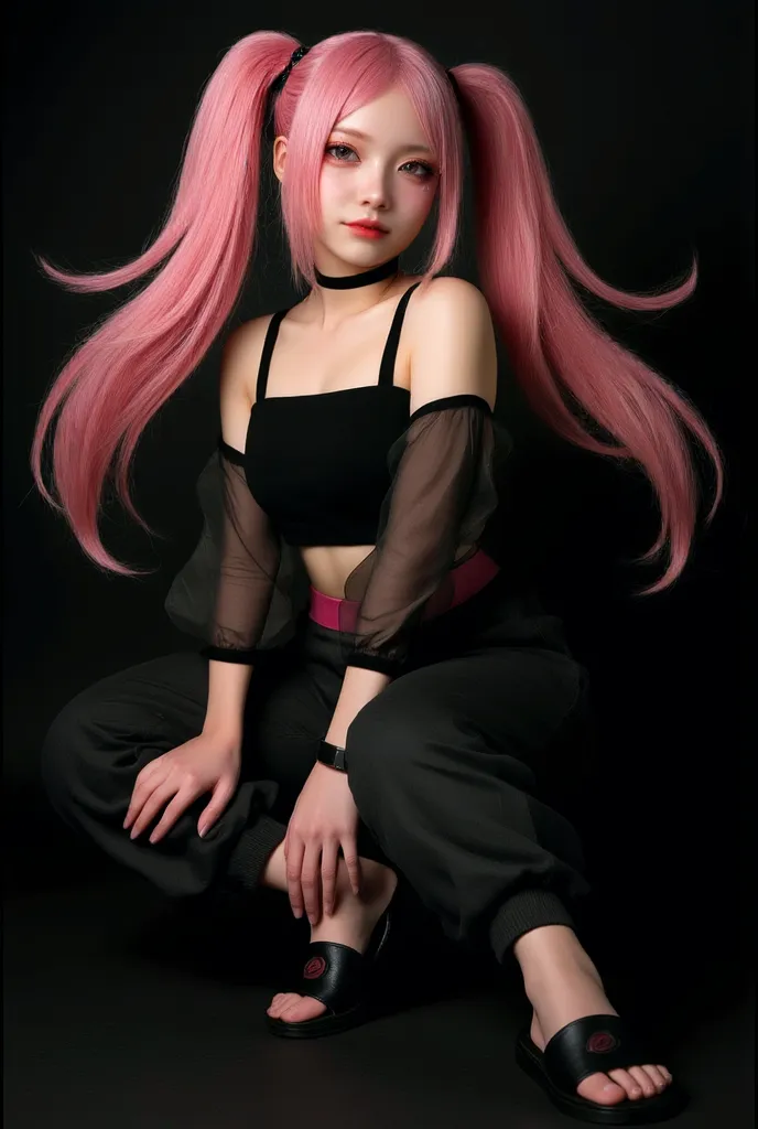 happy, a close up of a person in 1 piece red skirt and black pants, haruno sakura, zero two, sakura haruno in slug sage mode, anime pose, sakura haruno, female action anime girl, anya from spy x family, flat anime style, anime cgi style, cel shaded anime, holding a pudica pose, cell shaded adult animation