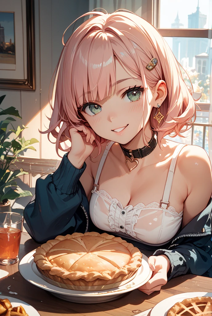 stuff one's mouth full of food、Pink haired woman、blue eyes