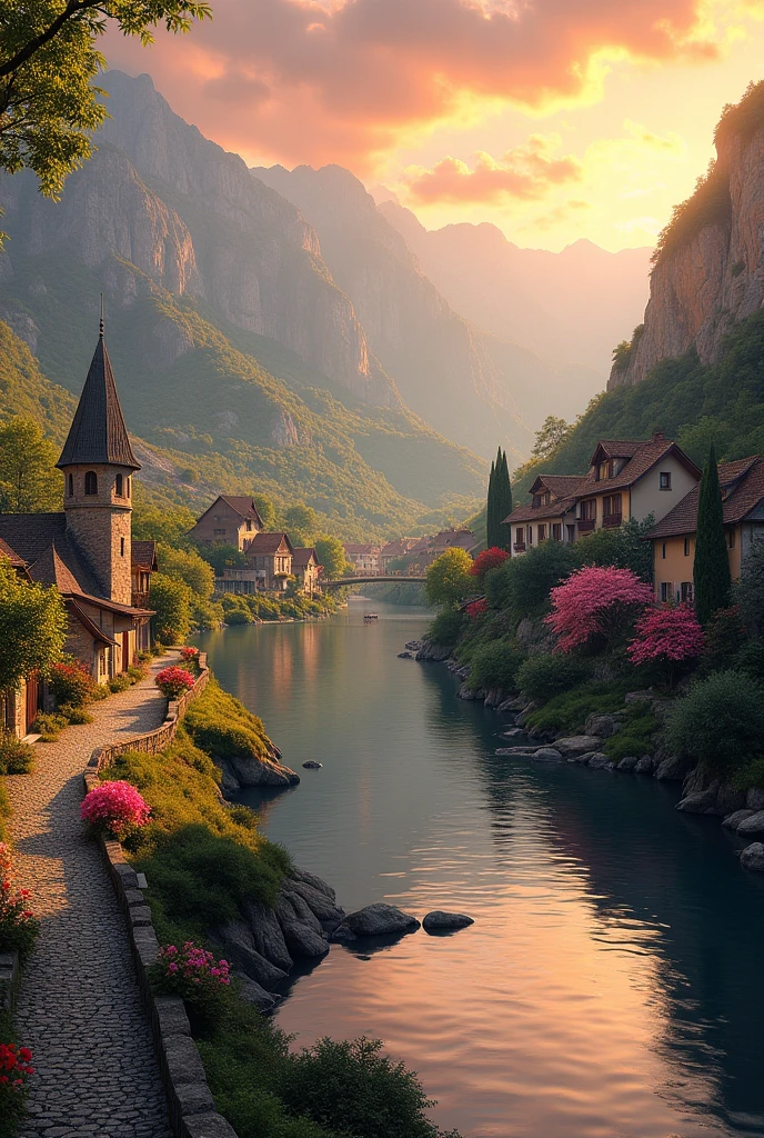 A small village by the river, mountains in the background, floral ...