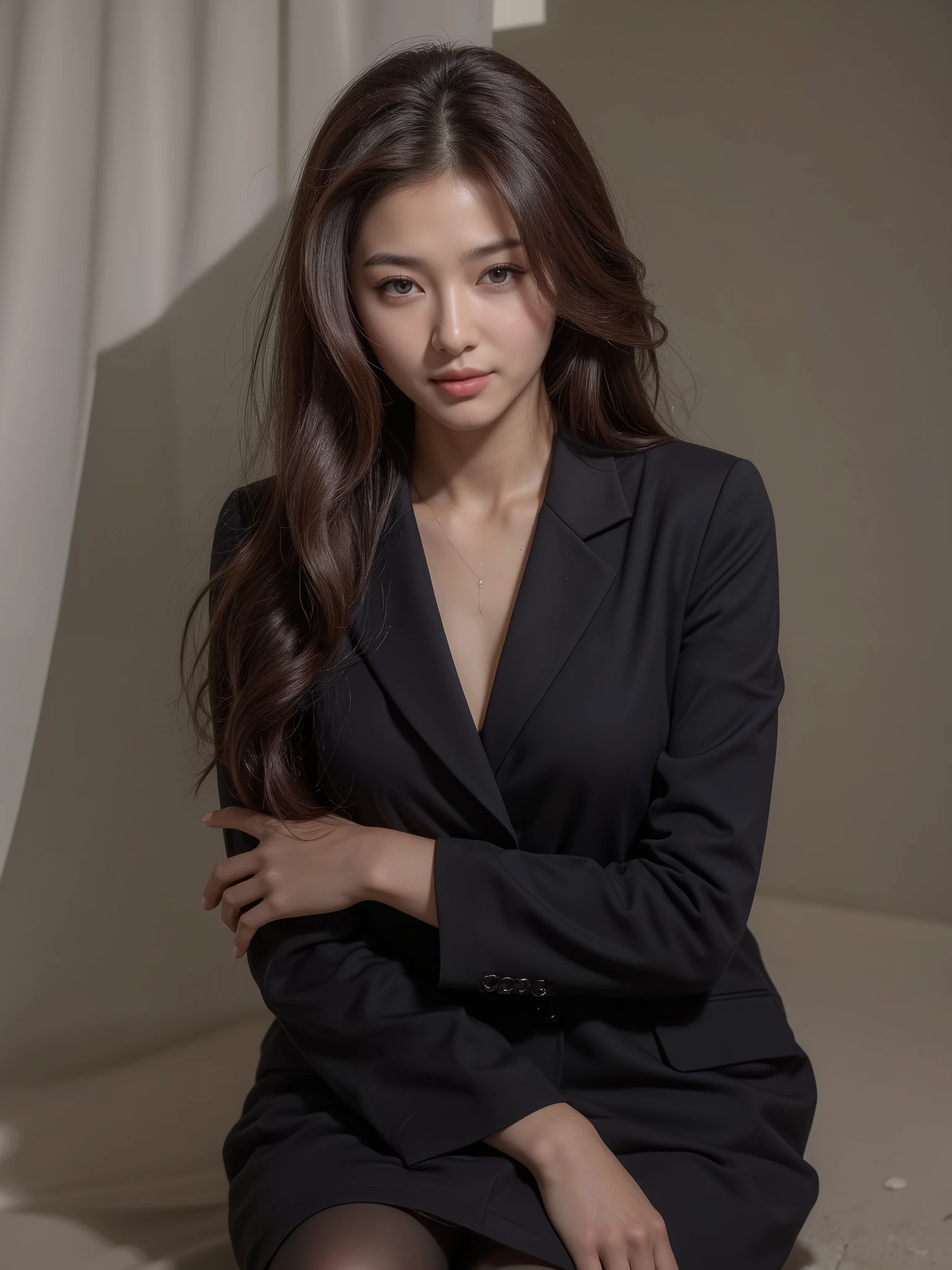 masterpiece, 8k, raw photo, photorealistic, beautiful Japanese mature woman, beautiful office worker, detailed face, business suits, pencil skirt, black pantyhose, sitting on the floor